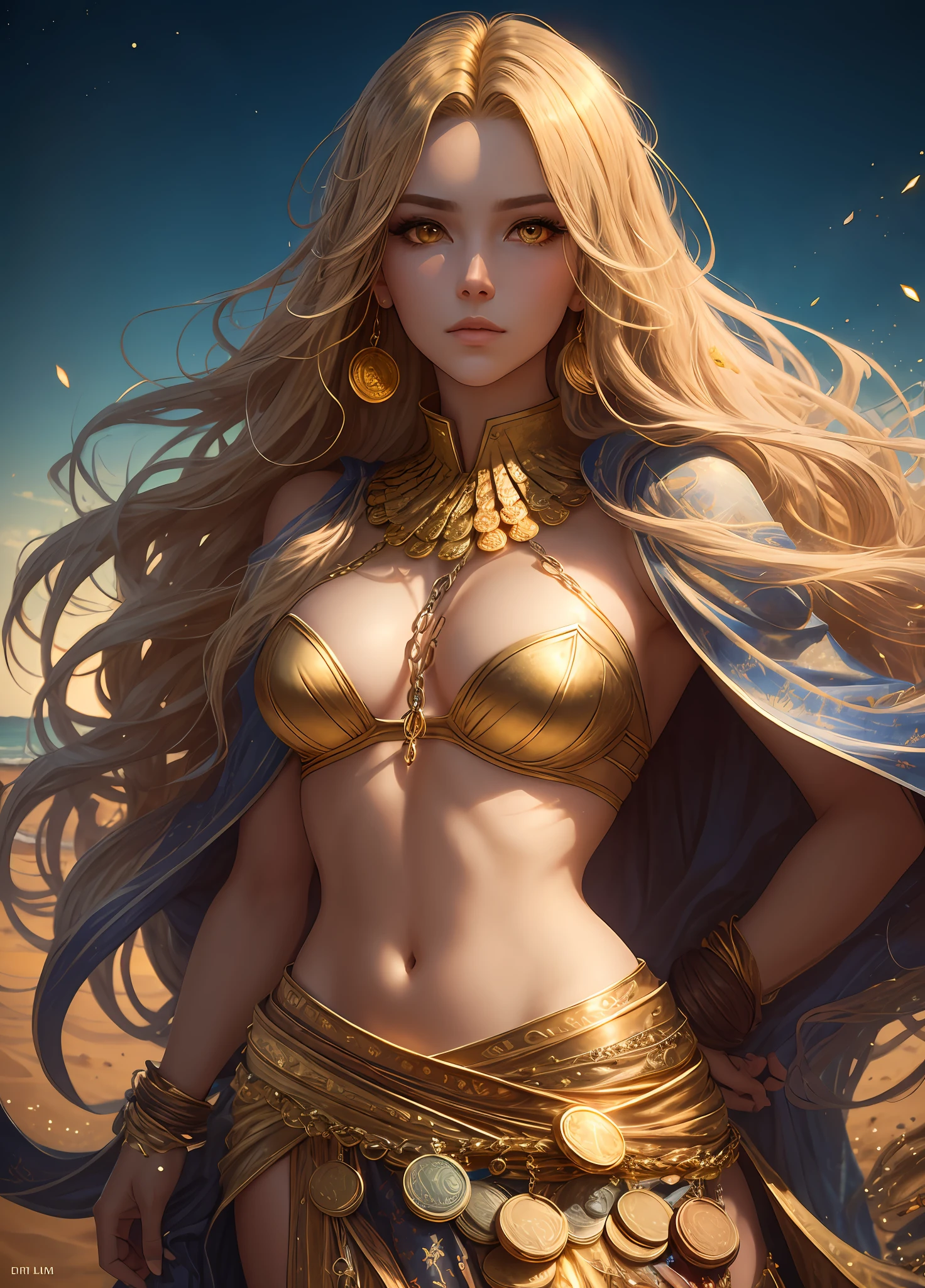 full-body shot，illustartion，cinematic light，FANTASY，maximum quality，ultra Detailed，best best quality，master masterpiece，（Detailed face），Tall sexy mature woman，Skirts made of gold coins are chained together，Glowing quicksand，Floating ember crystals，Blonde hair ornament，Metals that reflect sunlight，（Body focus：1.25），Clear blue sky，Desert sea in background，long haired，Golden eyes，Exudes magic，sombre，light reflections --s2