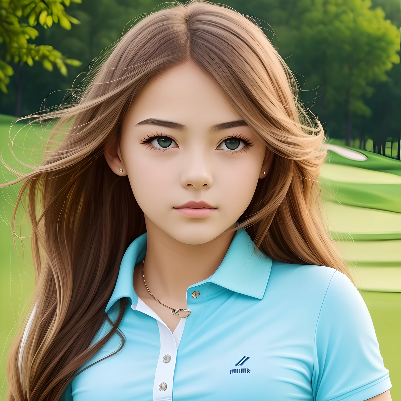 Show a picture：A age girl walks on a golf course，She had big watery eyes，Love pupils，[Shying]，long haired，Best Picture Quality，Super High resolution，Higher quality，heart hair ornament，8k分辨率，Beautiful pupils，blushed，thin straps，Twilight，Golf Course，Magic ring，Cinematic lighting，best best quality，illustartion，master masterpiece，The best production，the best quality t，highly detaild，Illumination，glaring，Absolutely beautiful，with exquisite facial features，sprout，sweet beauty --auto