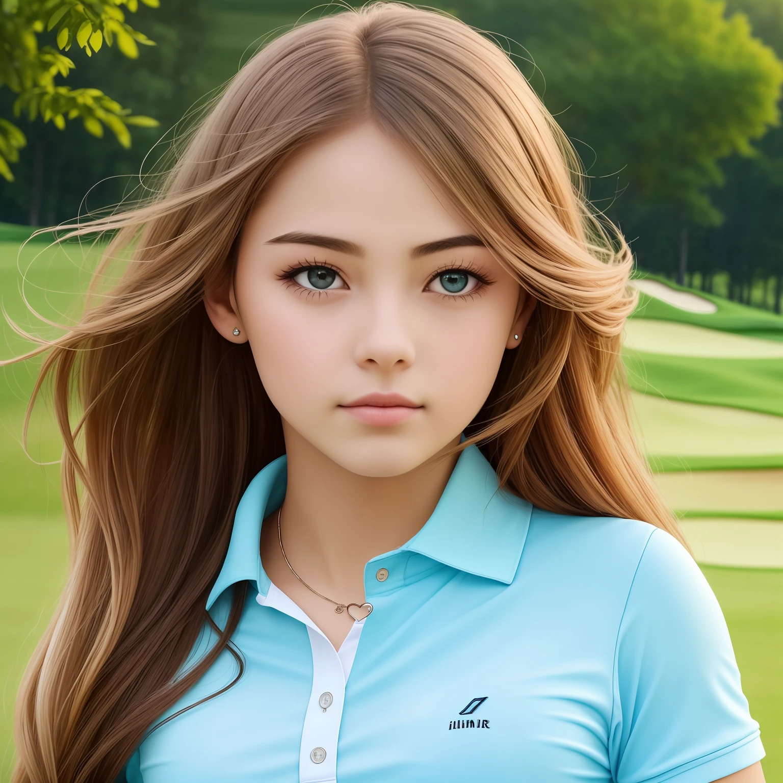 Show a picture：A  girl walks on a golf course，She had big watery eyes，Love pupils，[Shying]，long haired，Best Picture Quality，Super High resolution，Higher quality，heart hair ornament，8k分辨率，Beautiful pupils，blushed，thin straps，Twilight，Golf Course，Magic ring，Cinematic lighting，best best quality，illustartion，master masterpiece，The best production，the best quality t，highly detaild，Illumination，glaring，Absolutely beautiful，with exquisite facial features，sprout，sweet beauty --auto