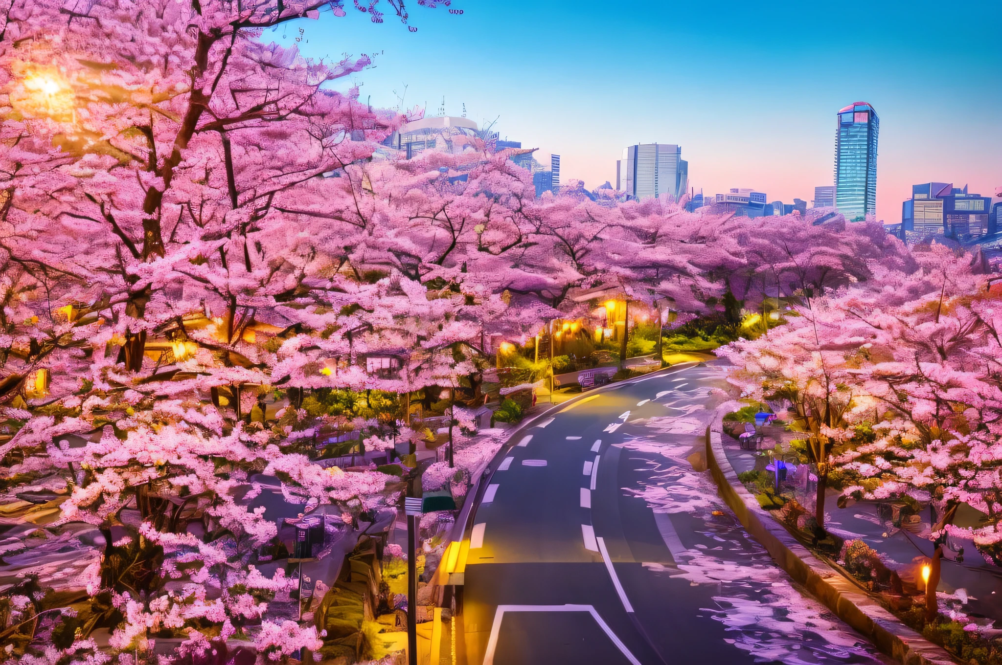 arafed view of a road with a car driving down it, sakura season dynamic lighting, Cherry blossom tree, sakura season, sakura tree in background, sakura bloomimg, Cherry blossom tree, lush cherry blossom trees, spring season city, blossoming path to heaven, sakura blooming on background, cherry blossom forest, lots of sakura flowers, Cherry Blossoms