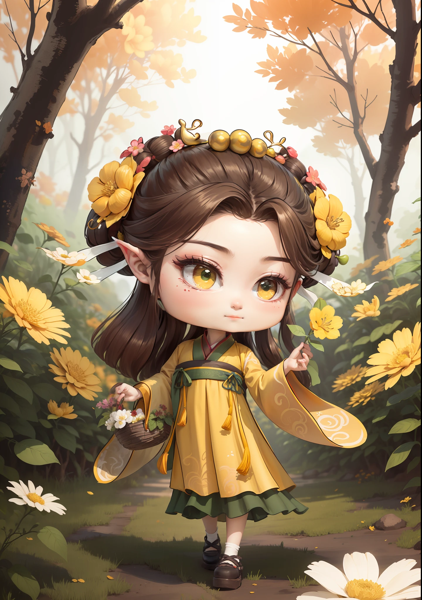 A Chinese girl in Hanfu，One hand holding a flower basket，Holding a flower in one hand，autumn，Dealing with the heat，dark brown  hair，Ancient Chinese hair buns，pattern，Yellow-green color scheme，On both sides of the hair are flower hair accessories，Some metallic flower headdresses，The color block is clear，Bright colors，arte de linha，unlimited details，Fine painting，Beautifully portrayed，空白背景 8k