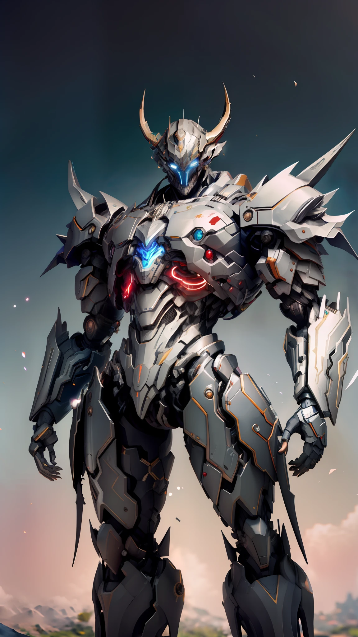 8k壁纸，master masterpiece，cinematic Lighting，best best quality，illustartion，Dramatic Angle，cuerpo，（（machine armor：1.4）），[（chinaware\（materpiece），）：0.7）：1]，Robots，machine armor，solo，t have humans，standing a，Science fiction novels，gradient，redesign，gradient background，blue color，white pubic fur，12生肖