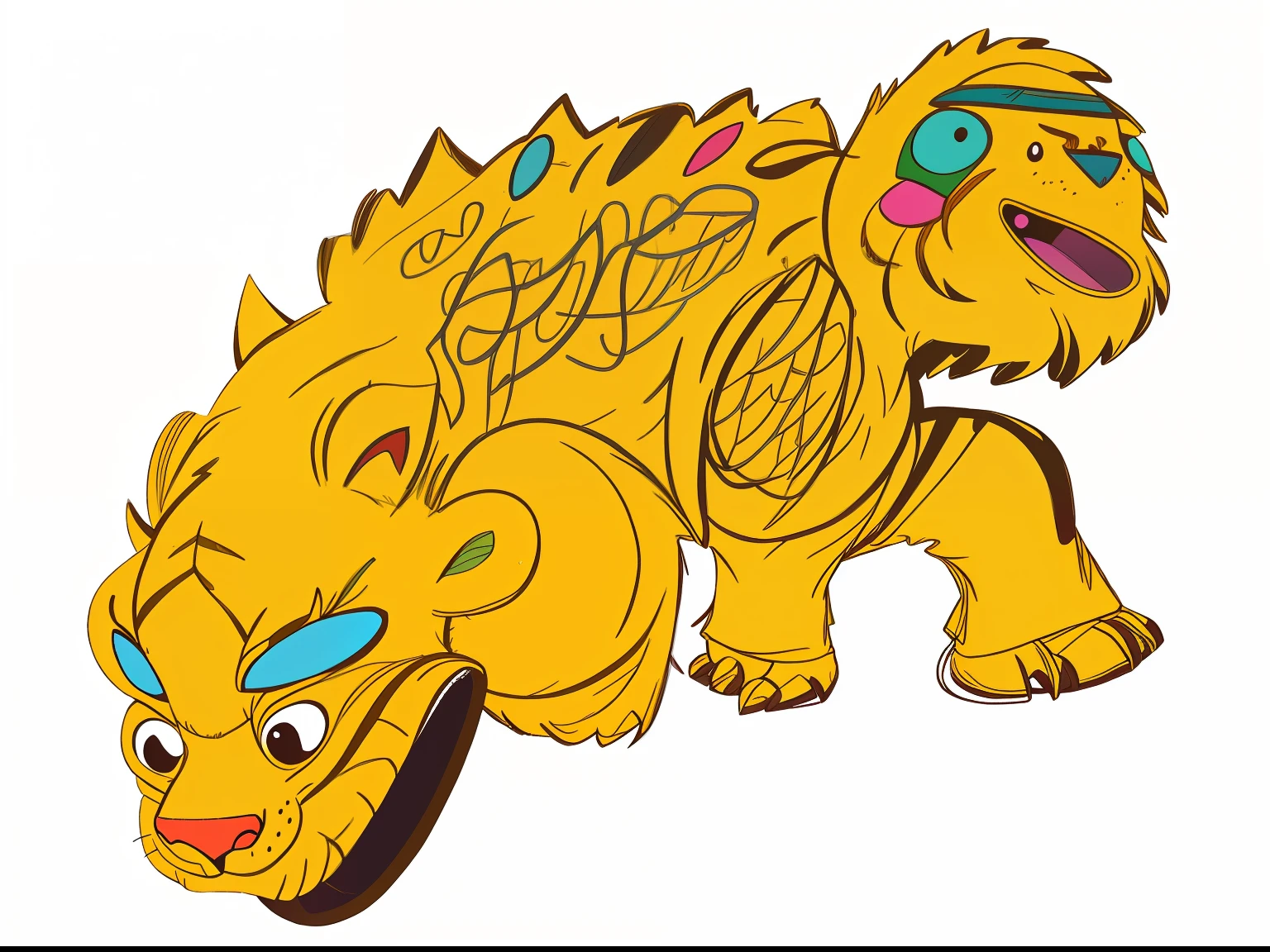 There is a statue of a tiger on the brick wall,Mouth slightly open,Colorful lines on the back,In the background is a plant, ceramic statue, on a wall, animals、 - shaped statue, stunning visual, Anthropomorphic tiger, intriguing details, medium gargoyle soft light, finely painted, great detail, Decorated with traditional Chinese motifs, detailed image, vintage old, Illustration hand drawn, 3 4 5 3 1