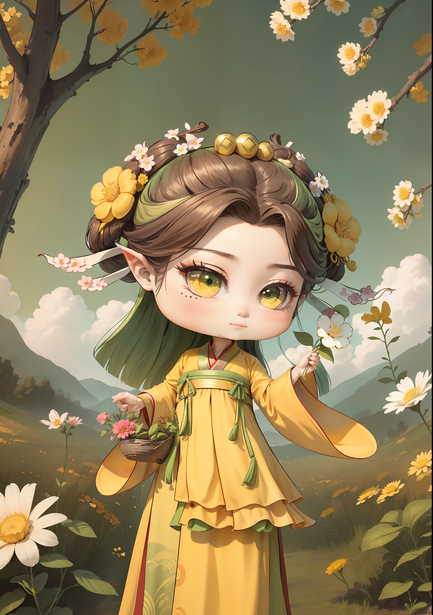 A Chinese girl in Hanfu,One hand holding a flower basket,Holding a flower in one hand,autumn,Dealing with the heat,dark brown hair,Ancient Chinese hair buns,pattern,Yellow-green color scheme,On both sides of the hair are flower hair accessories,Some metallic flower headdresses,The color block is clear,Bright colors,arte de linha,unlimited details,Fine painting,Beautifully portrayed,空白背景 8k