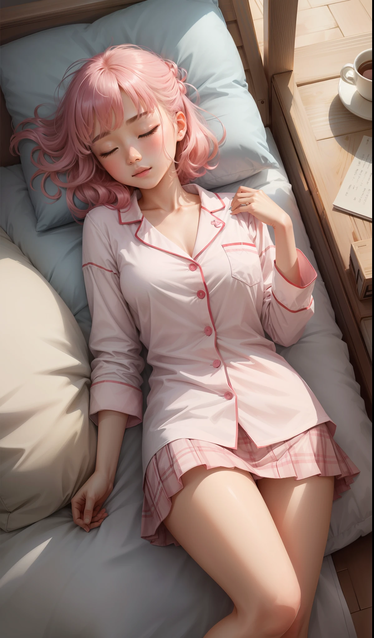 Sleeping girl,22 岁,PhotoRealistic,She wears a short skirt,Wear sexy pajamas,Pink Hair。