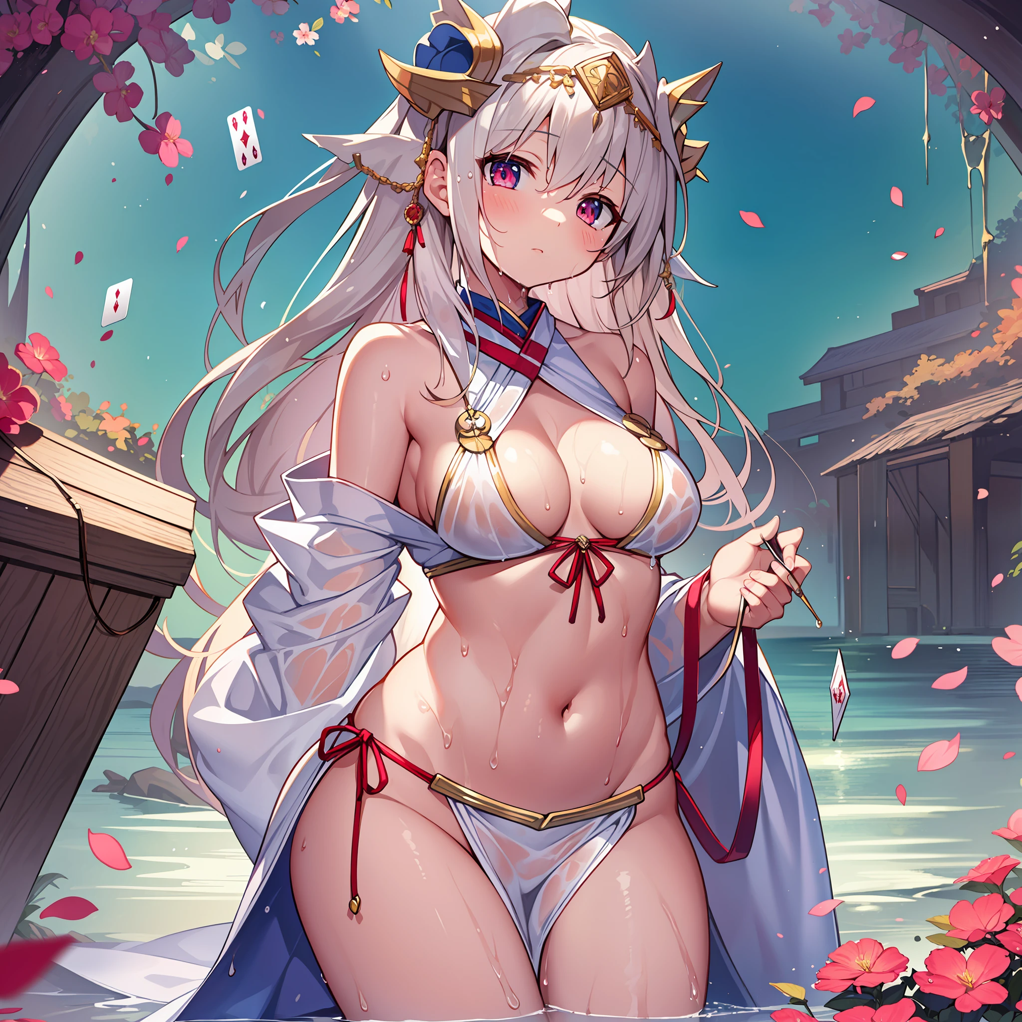 (MASTERPIECE), (Best Quality), (Ultra Detail), (Best Anatomy), Official Art, One Girl, Lori with Light Colored Hair, Petite  Girl, Priestess, Silk Hakama, Small Breasts, Cleavage, Off Shoulder, Side Boob, Thigh Focus, Wet Sheer, Chest Stretching, Card Illustration Style, Shrine, Lake