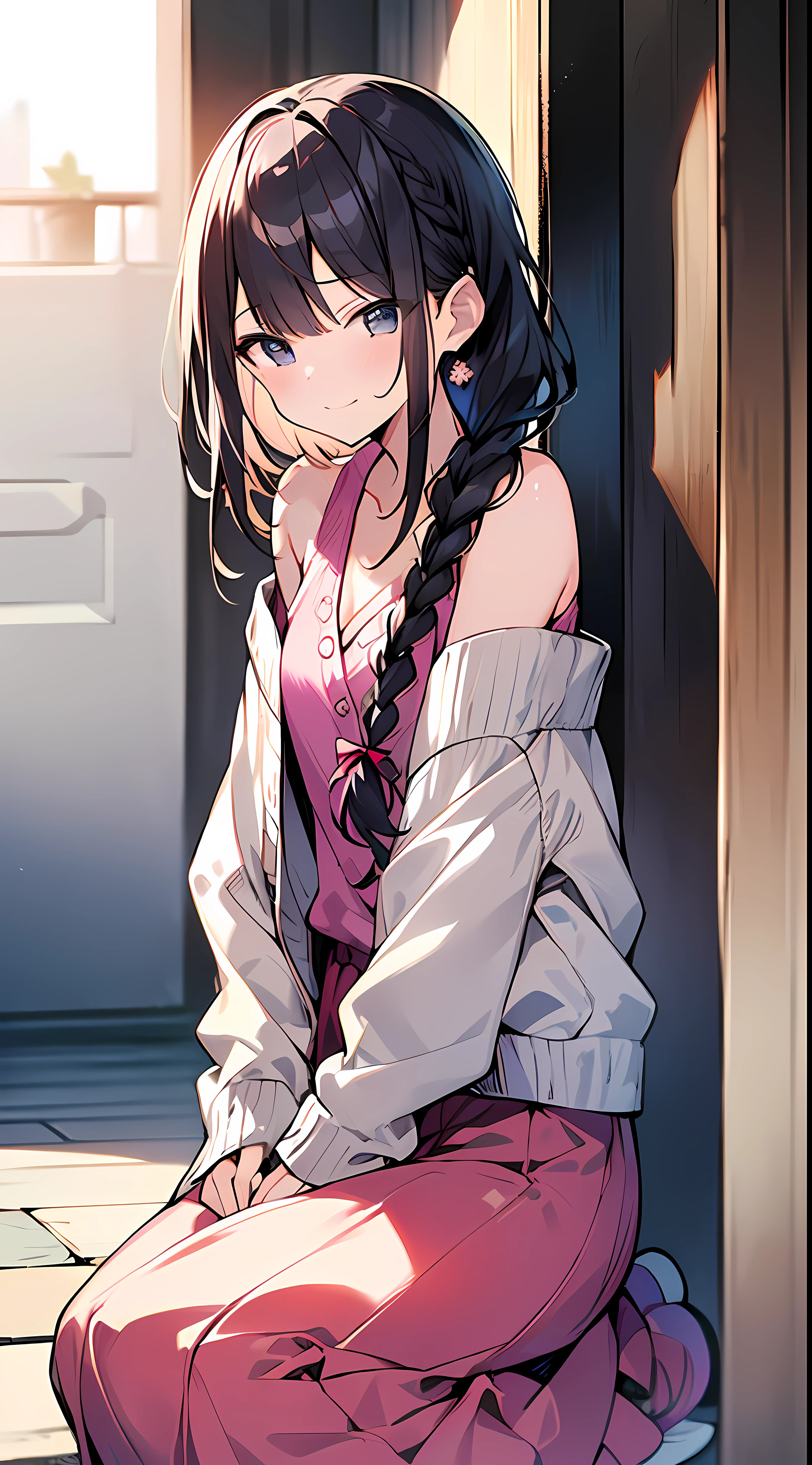 (Incredibly ridiculous absolute resolution:1.5)、Master peace、Ultra high Resolution、8k、(Cardigan in pastel colors、Sneakers、Long Skirt) BREAK Shoujo Manga Style、(Young Girl)、Soft line art、Digital Enhancement、A touch of shoujo manga、Shoujo Mangacore、(((Hair length to the shoulders)))、(((short braiding)))、(Happy and shy expression)、beautiful and mysterious:1.5、beste Quality:1.3