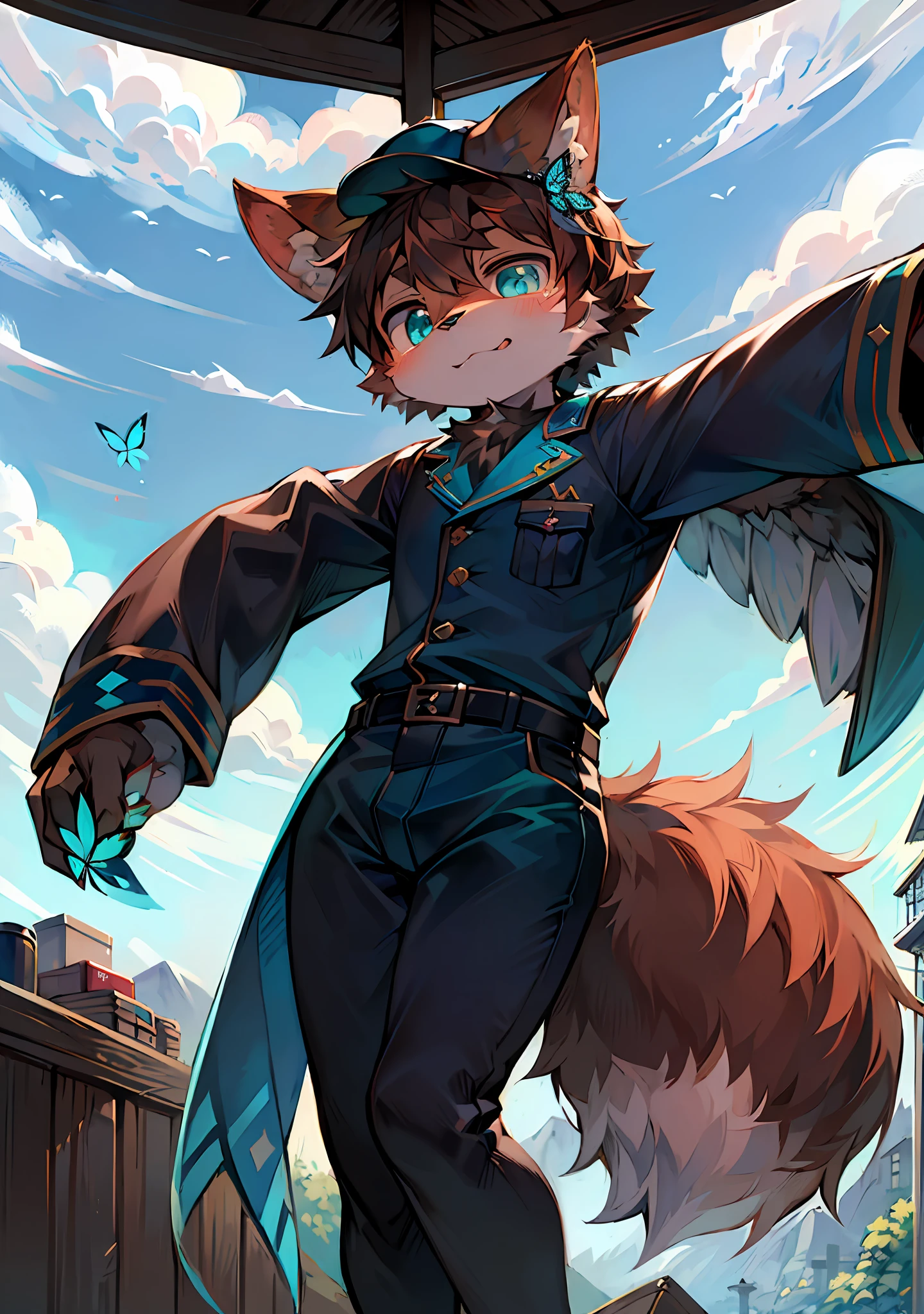 (Bright environment:0.8),master masterpiece,,high qualitt,abstract res,DIGITAL PAINTING\(artworks\), dagasi, Yupa,Kiyoyama,(Anthro,Fluffy Fur,character focus:1.0),anthro male wolf,bobed hair,portrait,,,,,,, , eyes with brightness, Panoramic View, Character focus.(detailedbackground:0.7), solo, shaggy, Hairy Male, Male focus, anthr,(Full Body Fur, Fluffy tail, Black-brown furs, Turquoise colored eyes, Black-brown hair:1.2), (long canids、youth、butterfly wings、Butterfly antennae、Navy uniform、Navy hat:1.2),(SKY、Flocks of butterflies、White Clouds、a blue sky:1.1)
