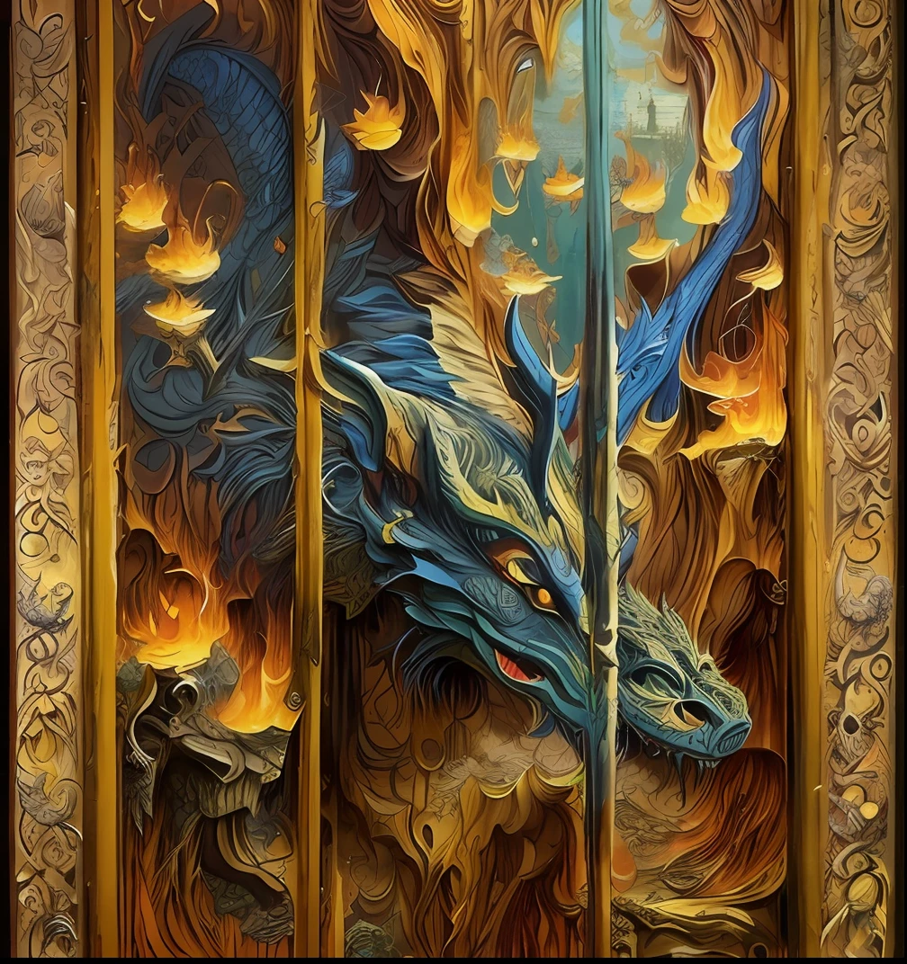 there is a painting of a dragon and a demon on a screen, intricate fantasy painting, intricate oil painting artwork, intricate detailed painting, intricate detailed oil painting, intricate oil painting, unique and intricate painting, intricate painting, very intricate art, beautiful intricate painting, intricate organic painting, highly detailed dark art, insanely detailed art, 4 k highly detailed art