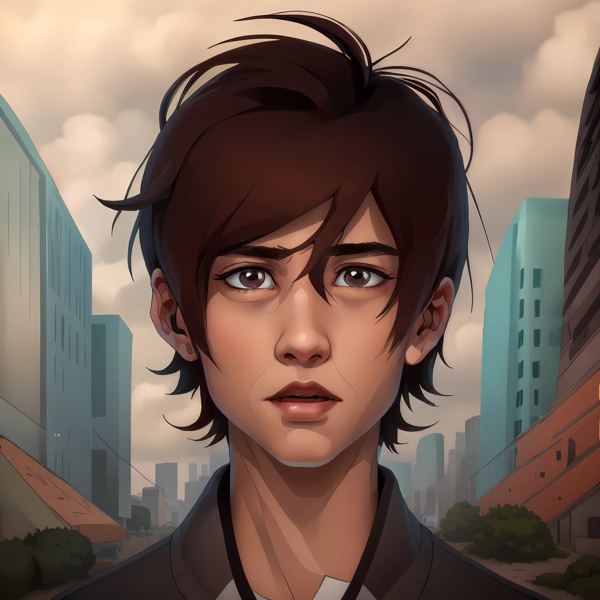 Young teenager with messy dark brown hair, messy hair, olhar cansado, olhar triste, olheiras, olhos azuis, depressivo, lone, sombrio, anemic, roupas modernas pretas, personagem 2d, garoto jovem, chorando