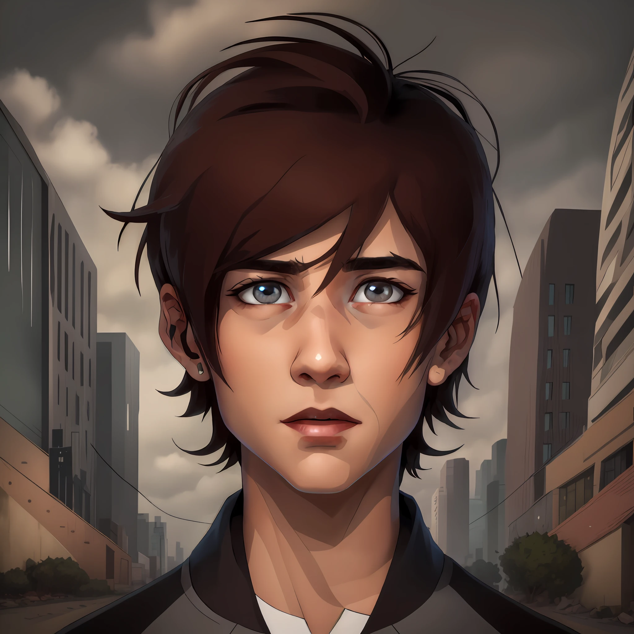 Young ager with messy dark brown hair, messy hair, olhar cansado, olhar triste, olheiras, olhos azuis, depressivo, lone, sombrio, anemic, roupas modernas pretas, personagem 2d, garoto jovem, chorando