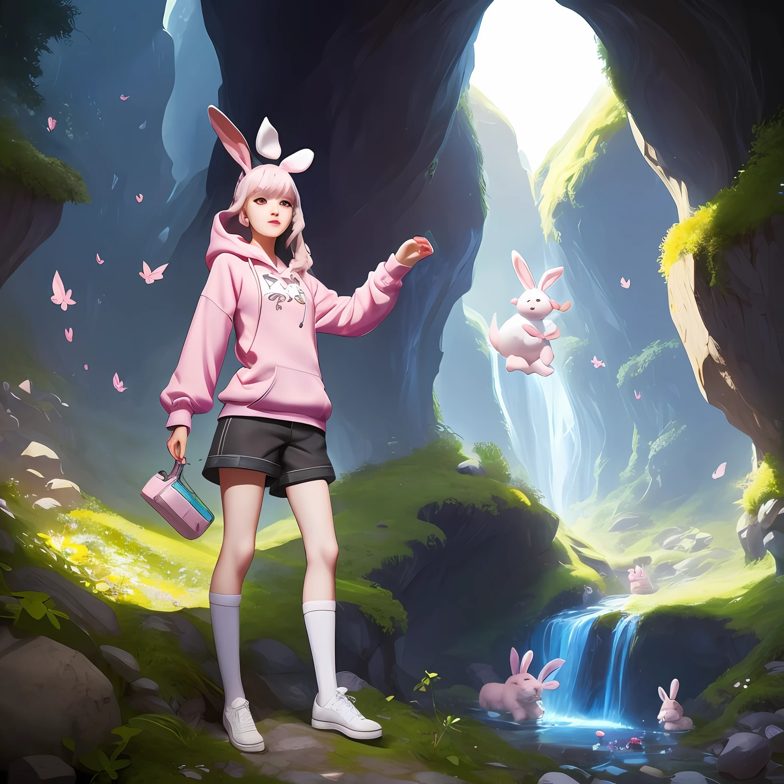 森の中のcavesでで小さな女の子と可愛いうさぎ1匹が一緒にshelter、Sweet girl in surreal pale pink hoodie、Adorable digital painting、cute digital art、リアルなアニメ3 Dスタイル、Guweiz style artwork、cute anime、Trending on CGSTATION、cute detailed digital art、With the rabbit、、Girl in grey shorts and white high socks and brown shoes 、shelter、caves --auto
