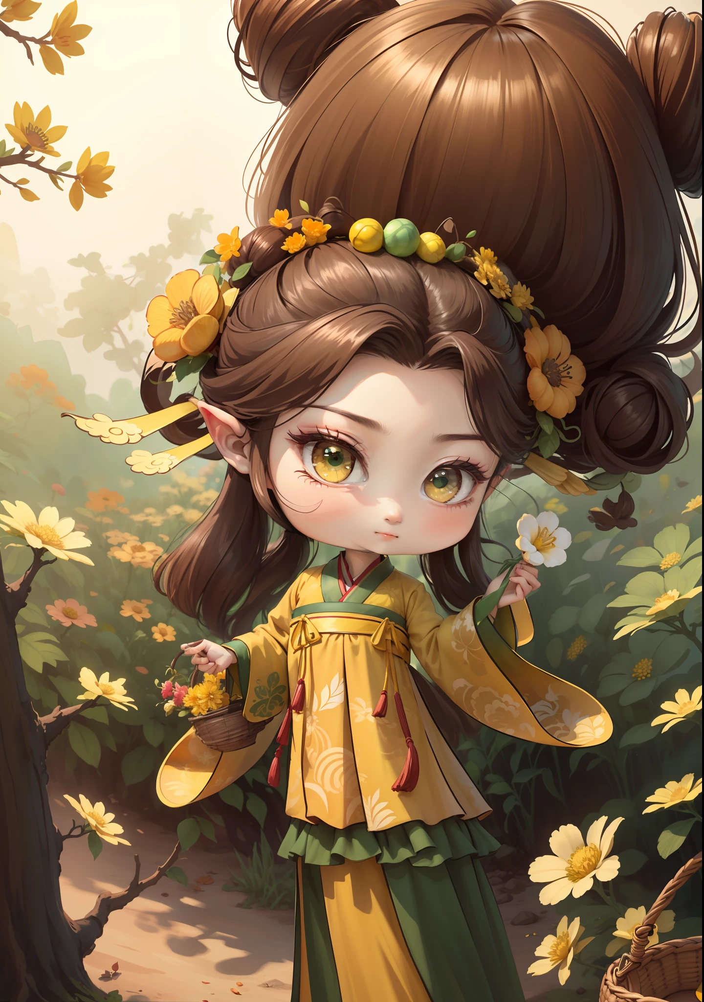 A Chinese girl in Hanfu，One hand holding a flower basket，Holding a flower in one hand，autumn，，Dealing with the heat，dark brown  hair，Ancient Chinese hair buns，pattern，Yellow-green color scheme，On both sides of the hair are flower hair accessories，Some metallic flower headdresses，The color block is clear，Bright colors，arte de linha，unlimited details，Fine painting，Beautifully portrayed，空白背景 8k