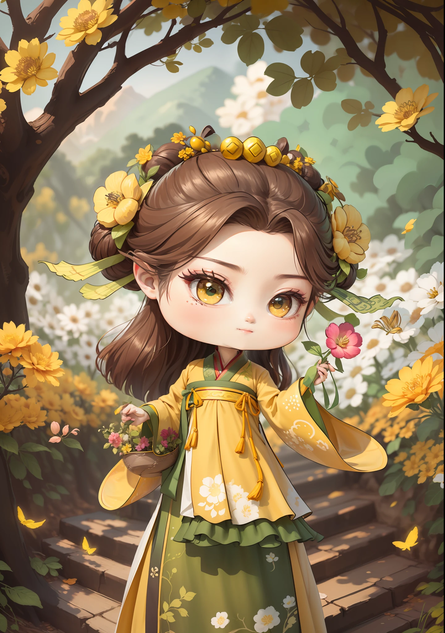 A Chinese girl in Hanfu，One hand holding a flower basket，Holding a flower in one hand，autumn，，Dealing with the heat，dark brown  hair，Ancient Chinese hair buns，pattern，Yellow-green color scheme，On both sides of the hair are flower hair accessories，Some metallic flower headdresses，The color block is clear，Bright colors，arte de linha，unlimited details，Fine painting，Beautifully portrayed，空白背景 8k