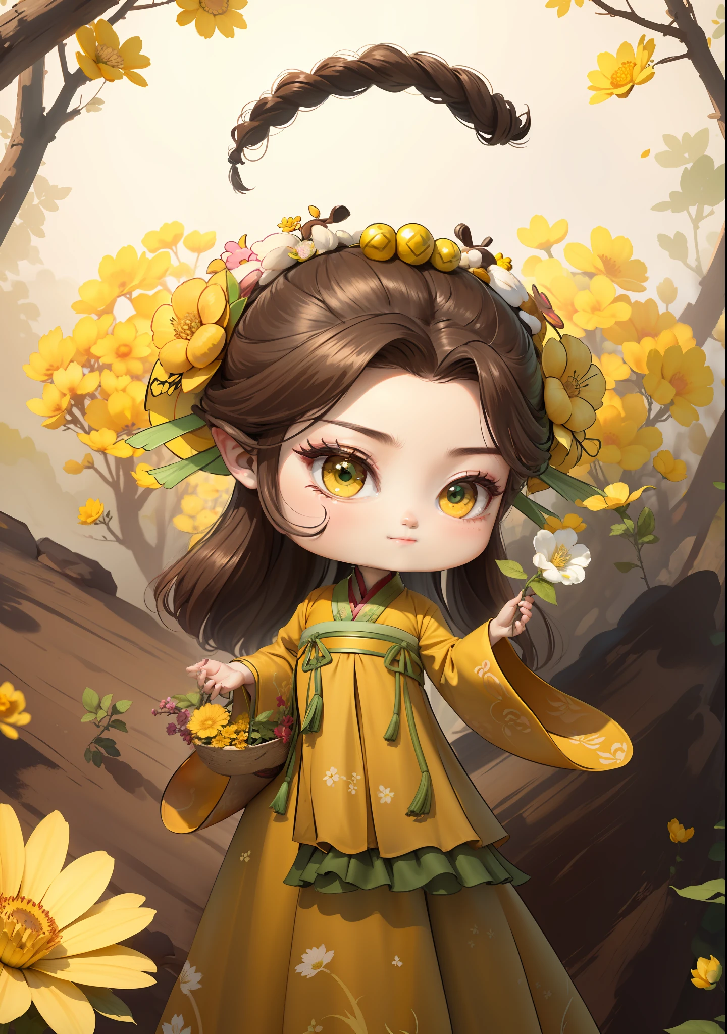 A Chinese girl in Hanfu，One hand holding a flower basket，Holding a flower in one hand，autumn，，Dealing with the heat，dark brown  hair，Ancient Chinese hair buns，pattern，Yellow-green color scheme，On both sides of the hair are flower hair accessories，Some metallic flower headdresses，The color block is clear，Bright colors，arte de linha，unlimited details，Fine painting，Beautifully portrayed，空白背景 8k