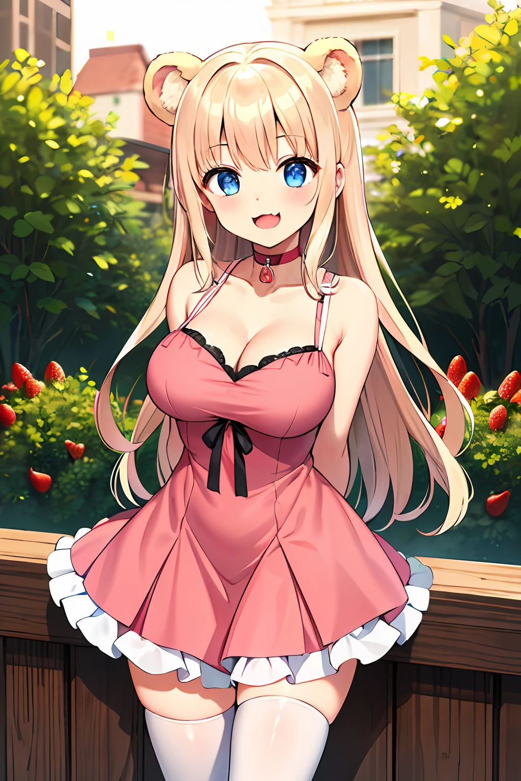 (leaning over:1.4), (masterpiece:1.2, best quality), (real picture, intricate details), 1girl, solo, absurdres, cowboy shot, standing, outdoors, :3, smile, bear girl, bear ears, ((light pink dress)), frills, very detailed dress, white thighhighs, platinum blonde hair, gray blue eyes, long hair, ((red strawberry choker)), smile, open mouth, one fang, large breasts, cleavage, sleeveless dress, arms behind back,