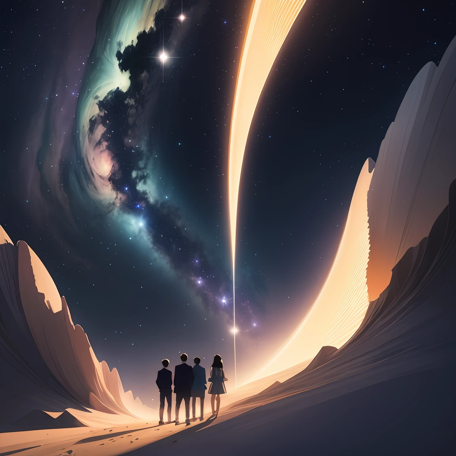 Digital artwork,Minimalist style,One is called《Star companion》The song cover。This song represents the company of friends under the stars。The main elements of the cover should include a starry sky background,There are four figures under the stars,They are all backs。
The four figures should be presented in the form of silhouettes,Each person has a unique body posture or posture,to distinguish them。The use of clean lines and minimal detail can create a simple and modern aesthetic。The focus should be on the connection between the characters and the vast starry sky,emphasizing their friendship and unity。
The composition should be concise and balanced,Four figures evenly distributed under the stars。The starry sky background should be dark blue,Stars vary in size,Scattered among them。The overall picture tone should evoke a sense of serenity and tranquility。