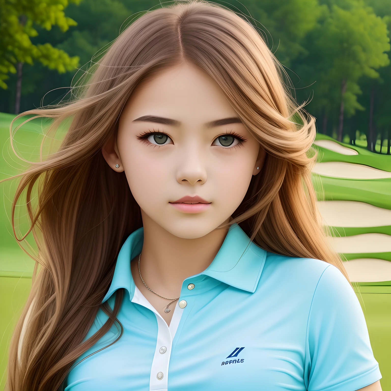 Show a picture：A teenage girl walks on a golf course，She had big watery eyes，Love pupils，[Shying]，long haired，Best Picture Quality，Super High resolution，Higher quality，heart hair ornament，8k分辨率，Beautiful pupils，blushed，Twilight，Golf Course，Magic ring，Cinematic lighting，best best quality，illustartion，master masterpiece，The best production，the best quality t，highly detaild，Illumination，glaring，Absolutely beautiful，with exquisite facial features，sprout，sweet beauty --auto