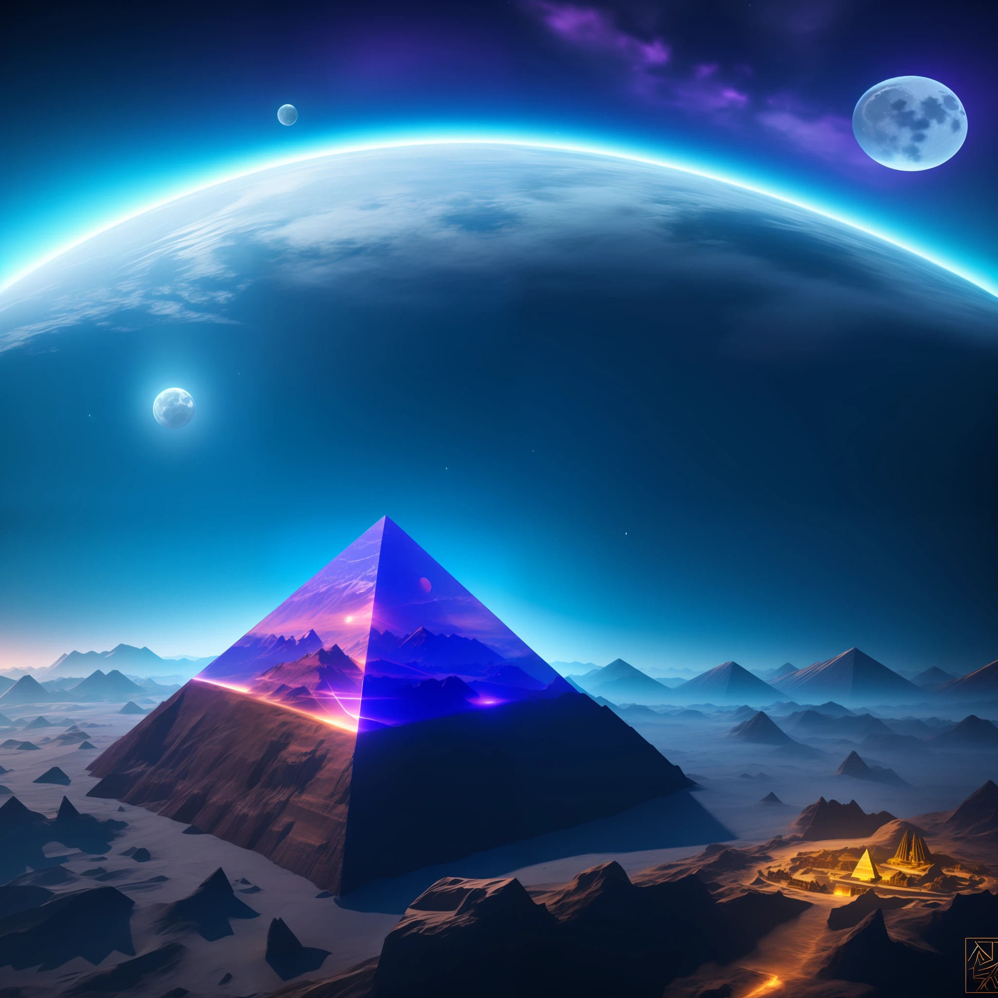 etherial lighting, crystal pyramid, alien cities, alien moon, best quality, wow factor
