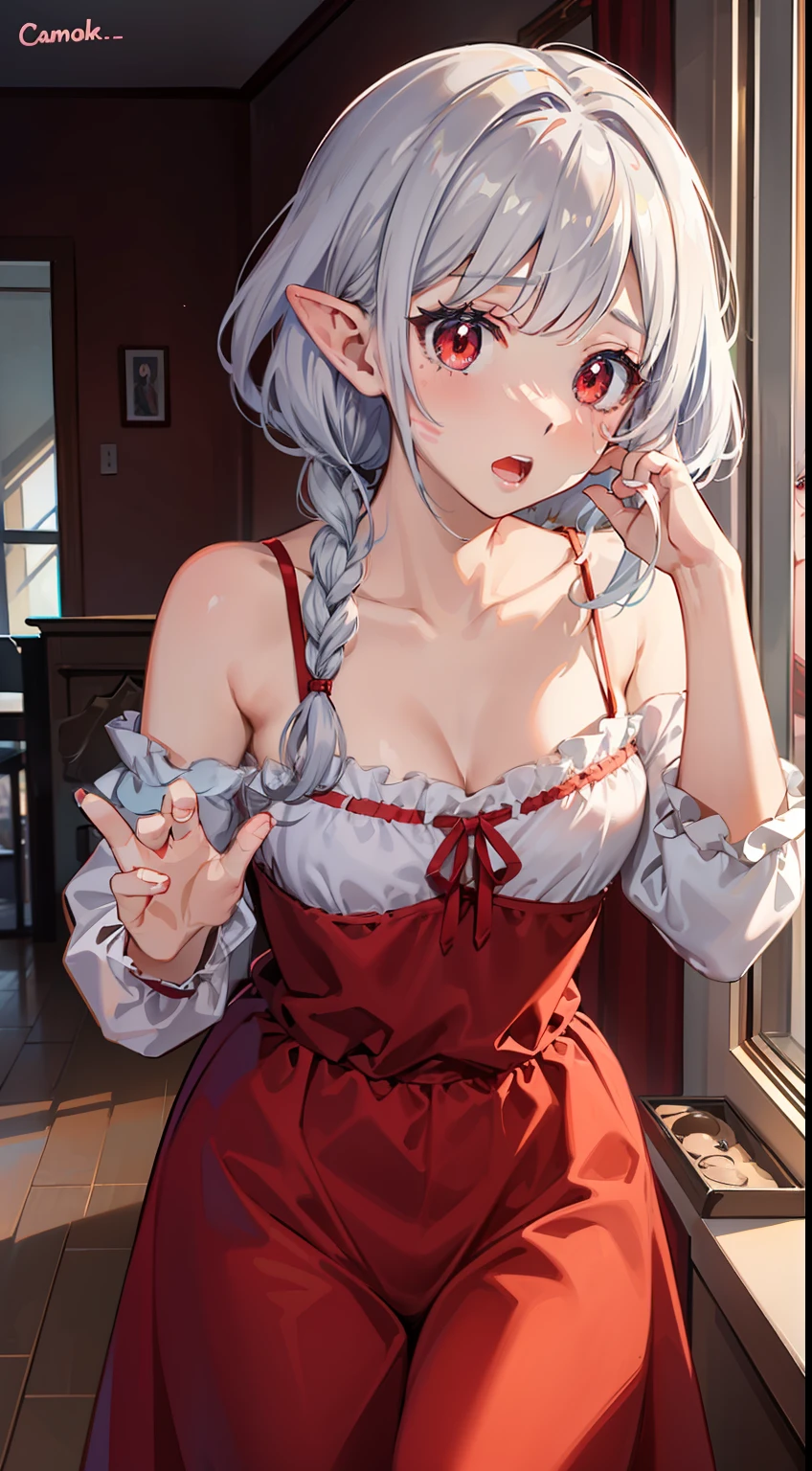 ((Put your hands on your face)), ((Surprised)), (Red Face), 1girl, elvish, silver hair,, Red eyes, Braided hair, bob cuts, s Pajamas, nightdress, Camisole, Long Skirt, ruffles, inside room, Mirror, Gender Change, Concept art, beautiful anime scene, beautiful anime scenery, The Highest Quality, master masterpiece, 4K