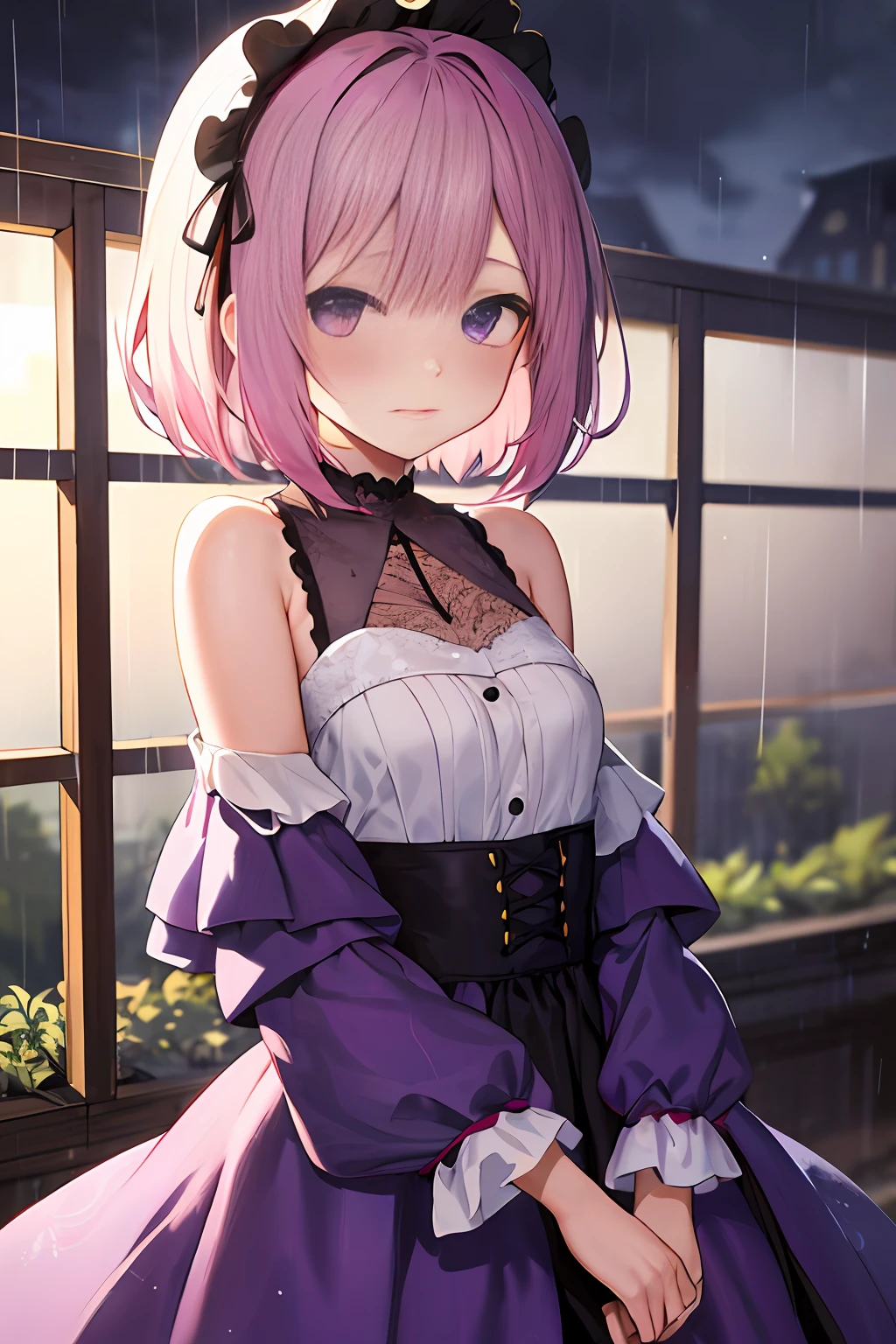 Anime girl in purple dress,Purple and black European lace dress, ta dress, White top, Pink purple hair, lolidress, bobed hair, A shy and sad expression, It was raining in the night, seductive anime girls, open shoulders, Ultraclear