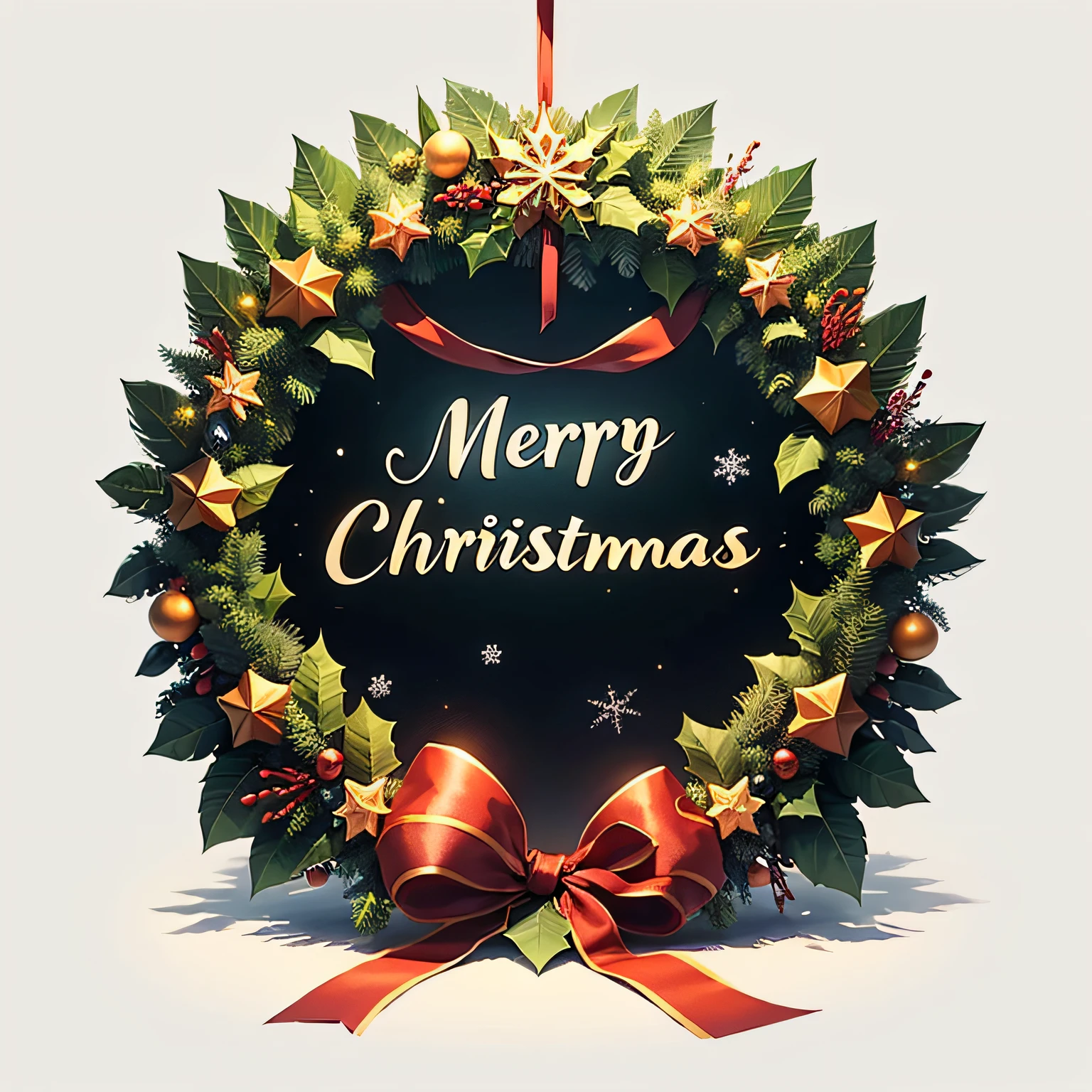 Christmas wreath on white background, Flat design, 2D, Elegant ornamental Christmas wreath, Golden Christmas wreath with stars and snowflakes, red ribbons in a wreath, ribbon bows, --auto