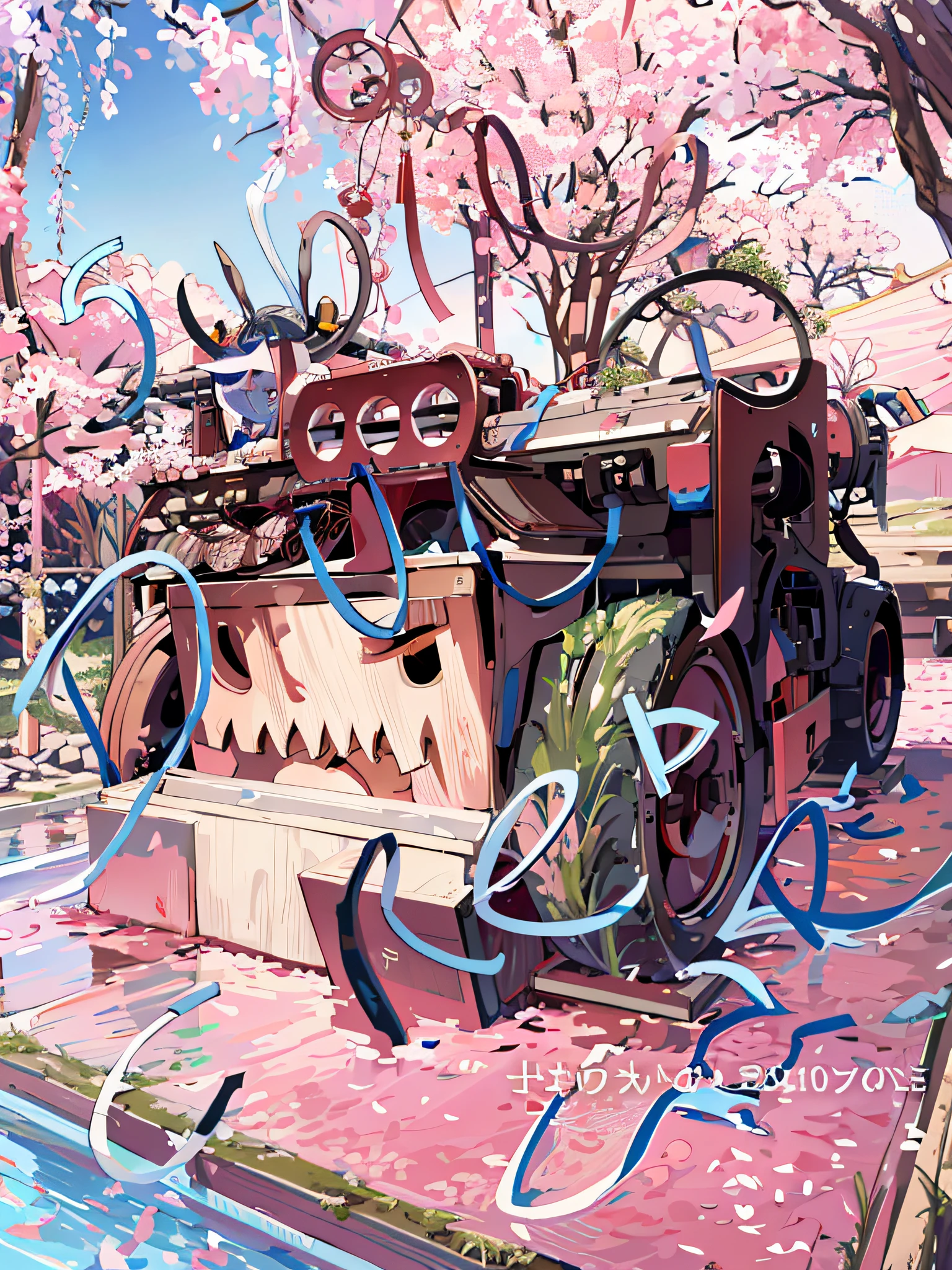 Illustration style, overhead view, dynamic angle, ultra-detailed, close-up shot of a girl with blue eyes, brown hair, and cat ears wearing a pink Miko outfit (1.4) and white stockings. She has bangs, an aura above or behind her head, and is looking at the viewer with a slight smile while showing her bare shoulders. The girl's hands are hidden behind her back while standing upright. She wears a cherry blossom hair accessory ([[0.55]::0.85]) and is surrounded by falling cherry blossoms, flowing water, a beautiful cherry blossom tree, and flying translucent blue butterflies (1.15). The scene is set near a shrine gate with ultra-detailed ruins in the background, an abysmal sea, and a dull blue world tree (1.14). The girl's delicate fingers and hands are emphasized with yubao (0.5).