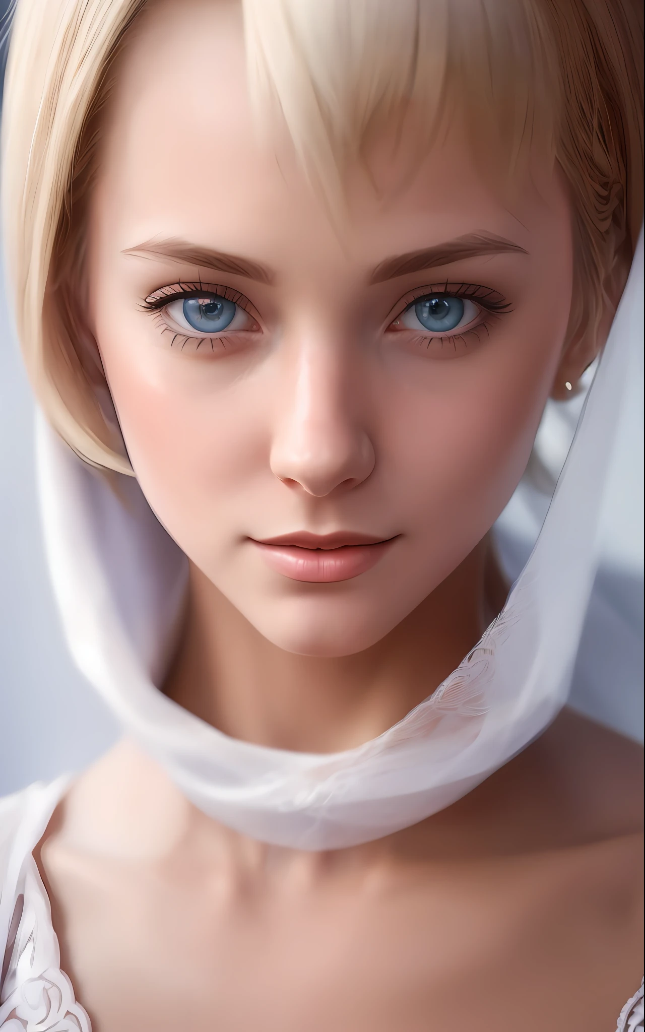 blond woman with blue eyes and a veil on her head, soft portrait shot 8 k, photorealistic beautiful face, 8k portrait render, realistic beautiful face, beautiful realistic face, photorealistic anime girl render, hyperrealistic beautiful face, 8 k realistic digital art, realistic digital art 4k, realistic digital art 4 k, very realistic digital art