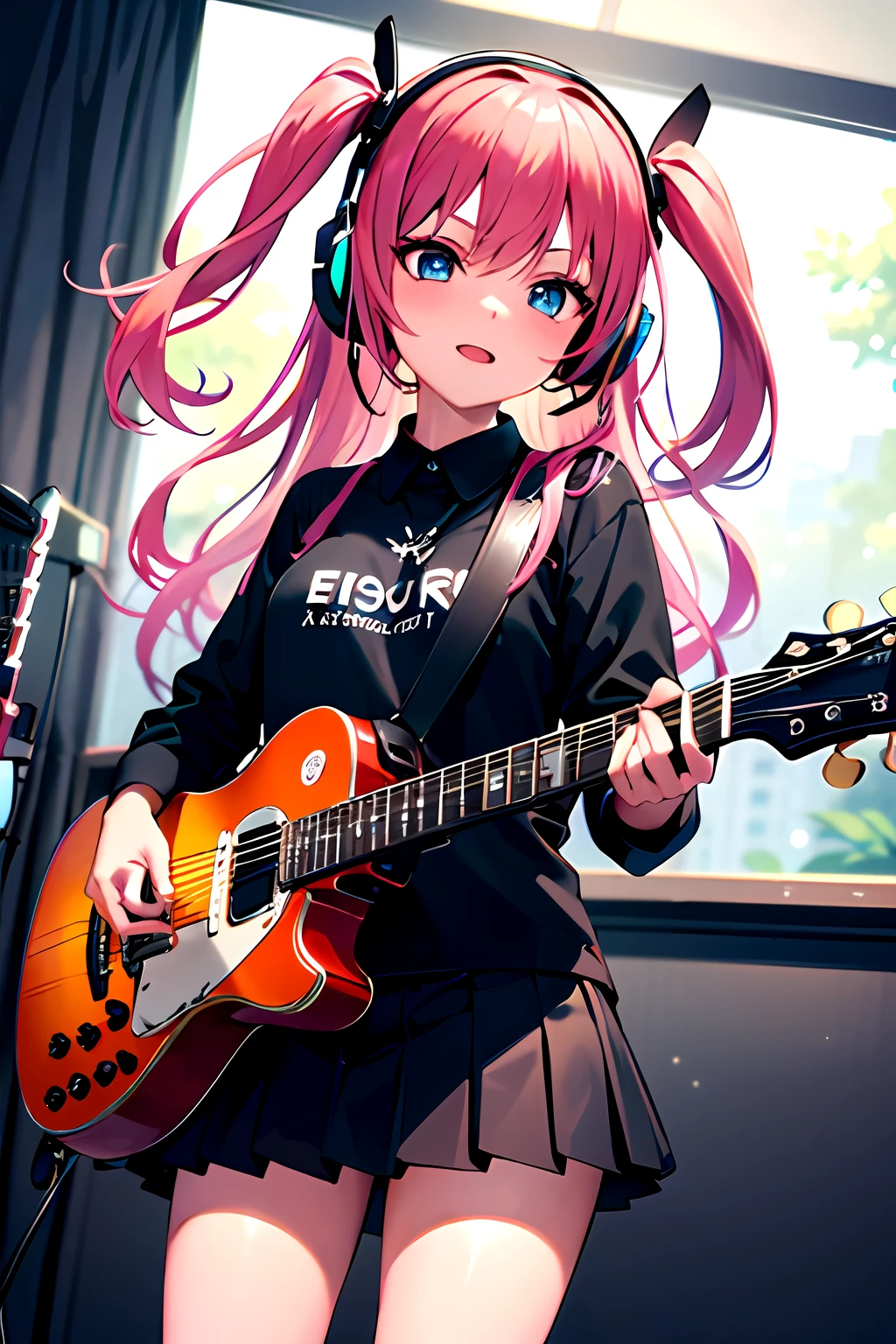 1girl, solo, black skirt, blue eyes, electric guitar, guitar, headphones, holding, holding plectrum, instrument, long hair, , music, one side up, pink hair, playing guiter, pleated skirt, black shirt, indoors