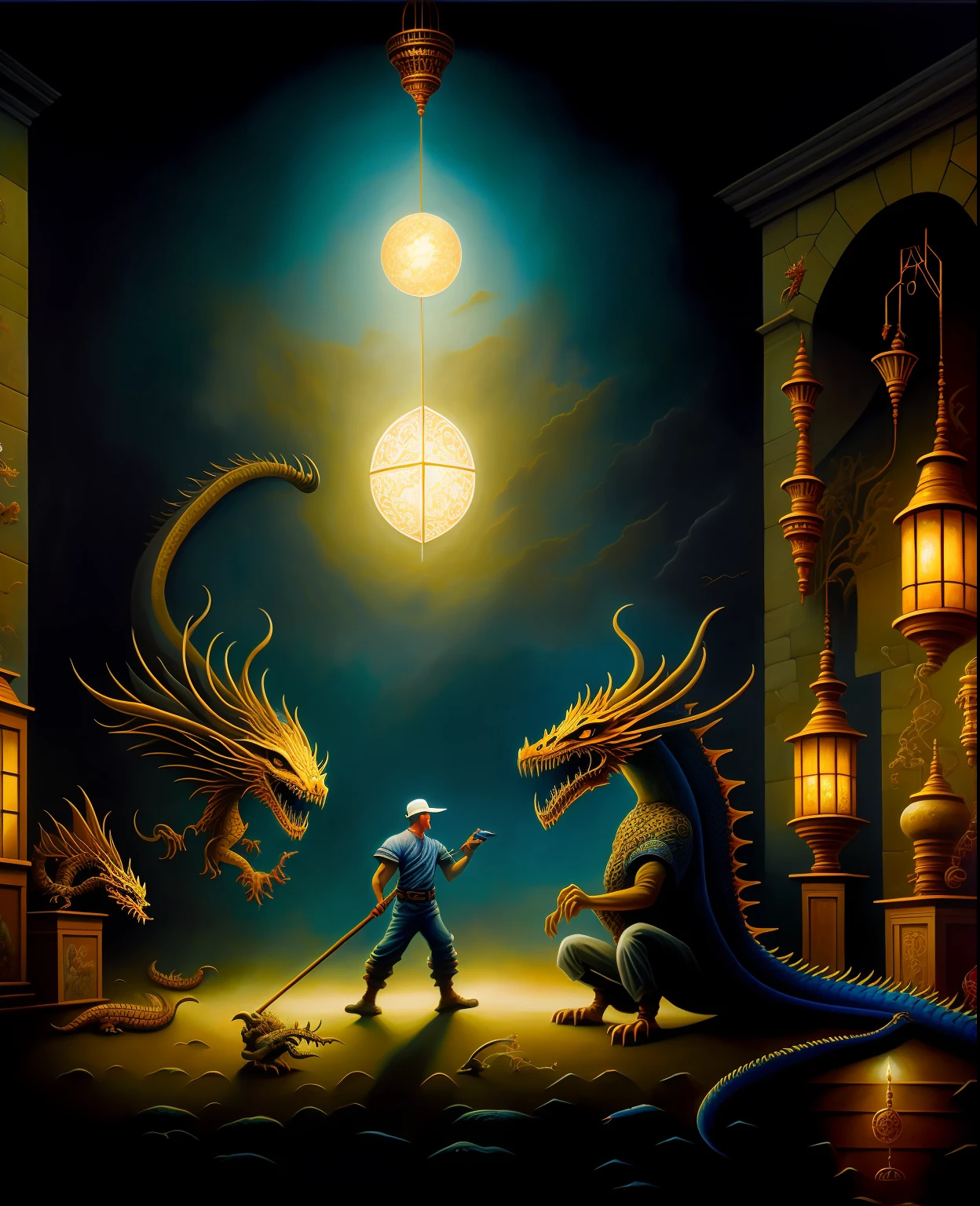 painting of a dragon and a demon in a dark room, intricate fantasy painting, intricate oil painting artwork, highly detailed fantasy art, dragon art, detailed fantasy art, intricate oil painting, intricate digital painting, beautiful intricate painting, james jean marc simonetti, beautiful intricate oil painting, fantasy artrealistic painting, intricate beautiful painting, symmetrical epic fantasy art