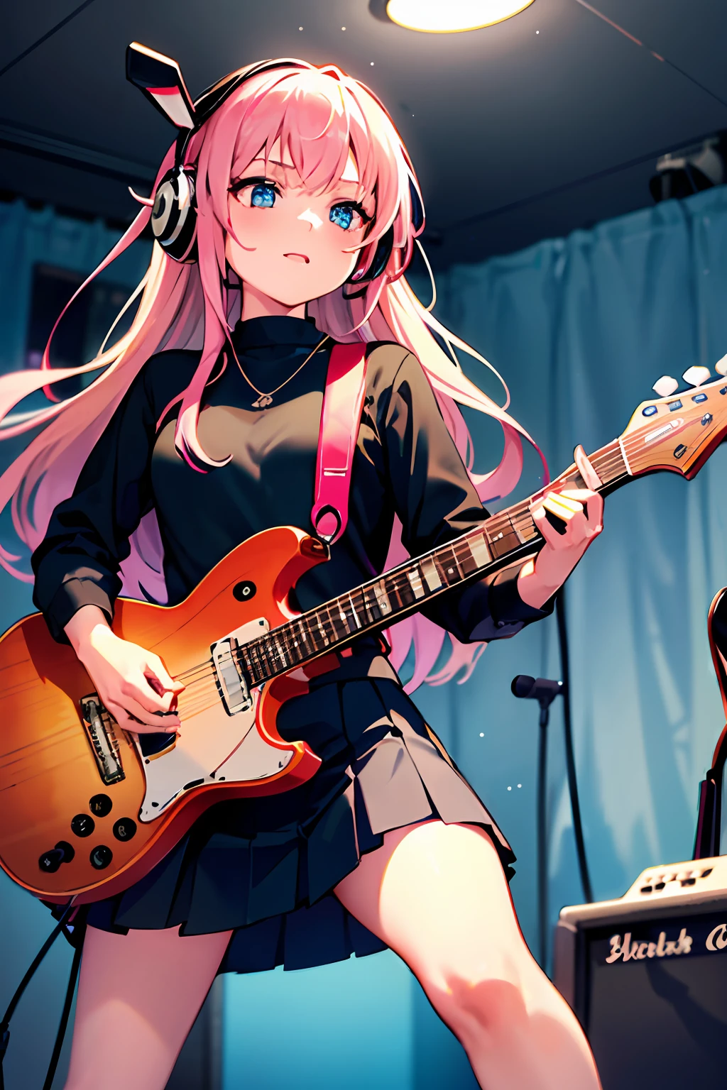 1girl, solo, black skirt, blue eyes, electric guitar, guitar, headphones, holding, holding plectrum, instrument, long hair, , music, one side up, pink hair, playing guiter, pleated skirt, black shirt, indoors