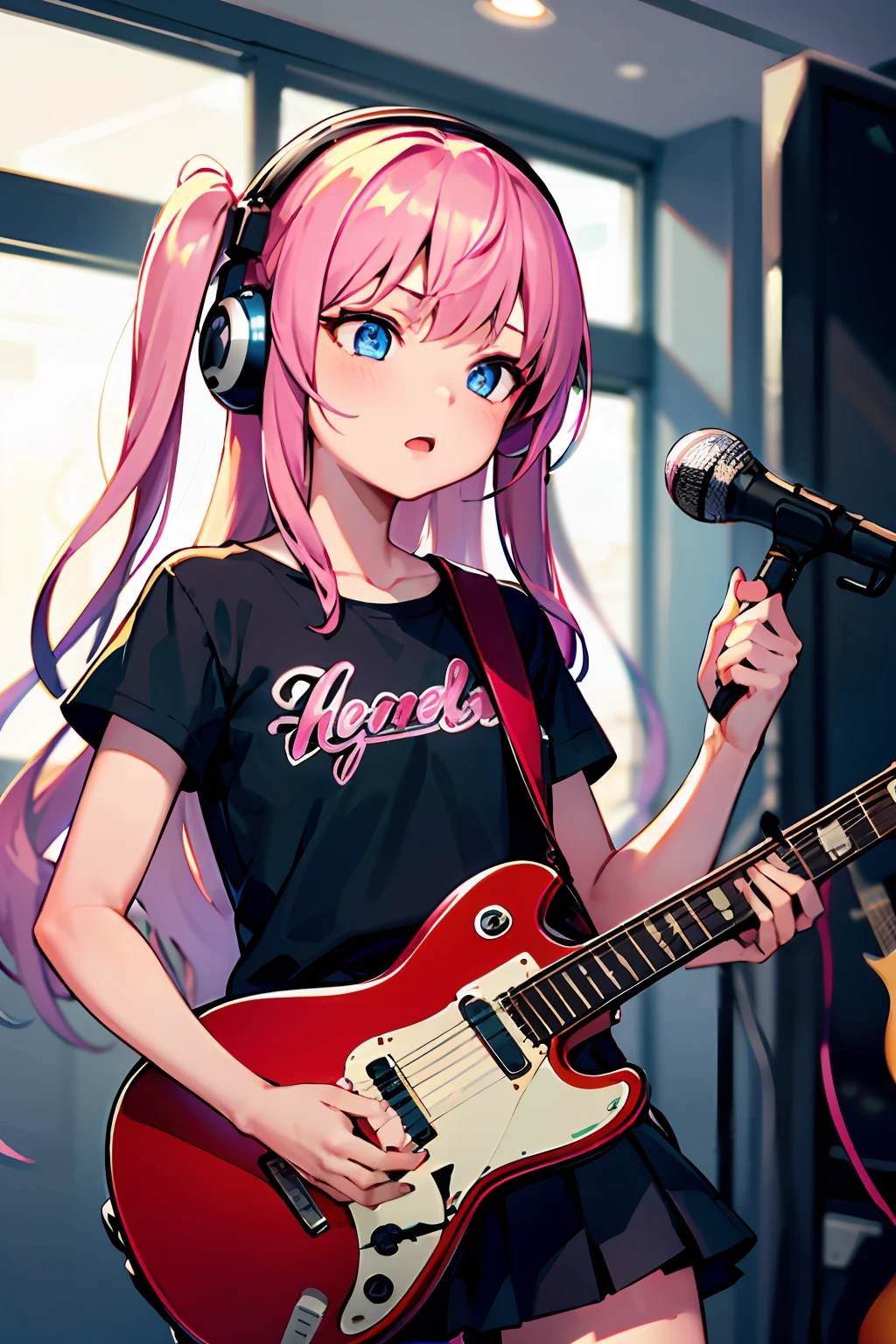1girl, solo, black skirt, blue eyes, electric guitar, guitar, headphones, holding, holding plectrum, instrument, long hair, , music, one side up, pink hair, playing guiter, pleated skirt, black shirt, indoors