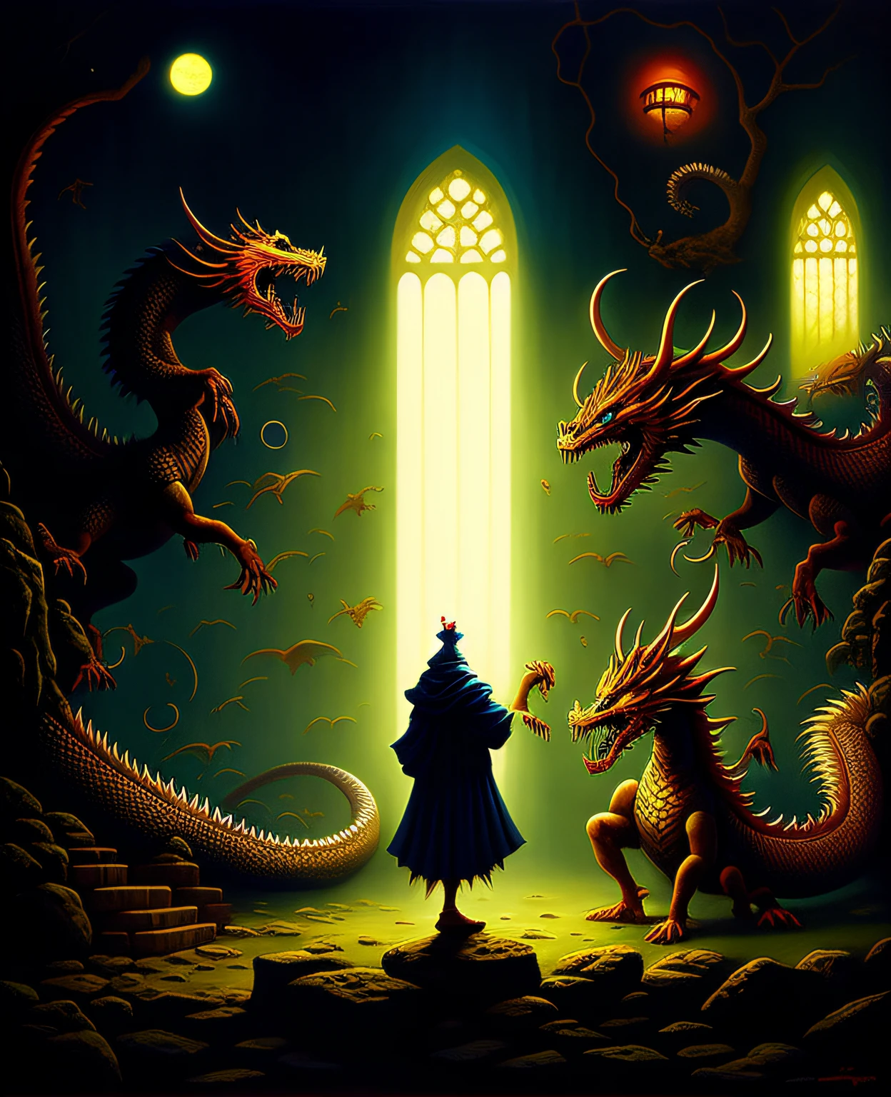 painting of a dragon and a demon in a dark room, intricate fantasy painting, intricate oil painting artwork, highly detailed fantasy art, dragon art, detailed fantasy art, intricate oil painting, intricate digital painting, beautiful intricate painting, james jean marc simonetti, beautiful intricate oil painting, fantasy artrealistic painting, intricate beautiful painting, symmetrical epic fantasy art