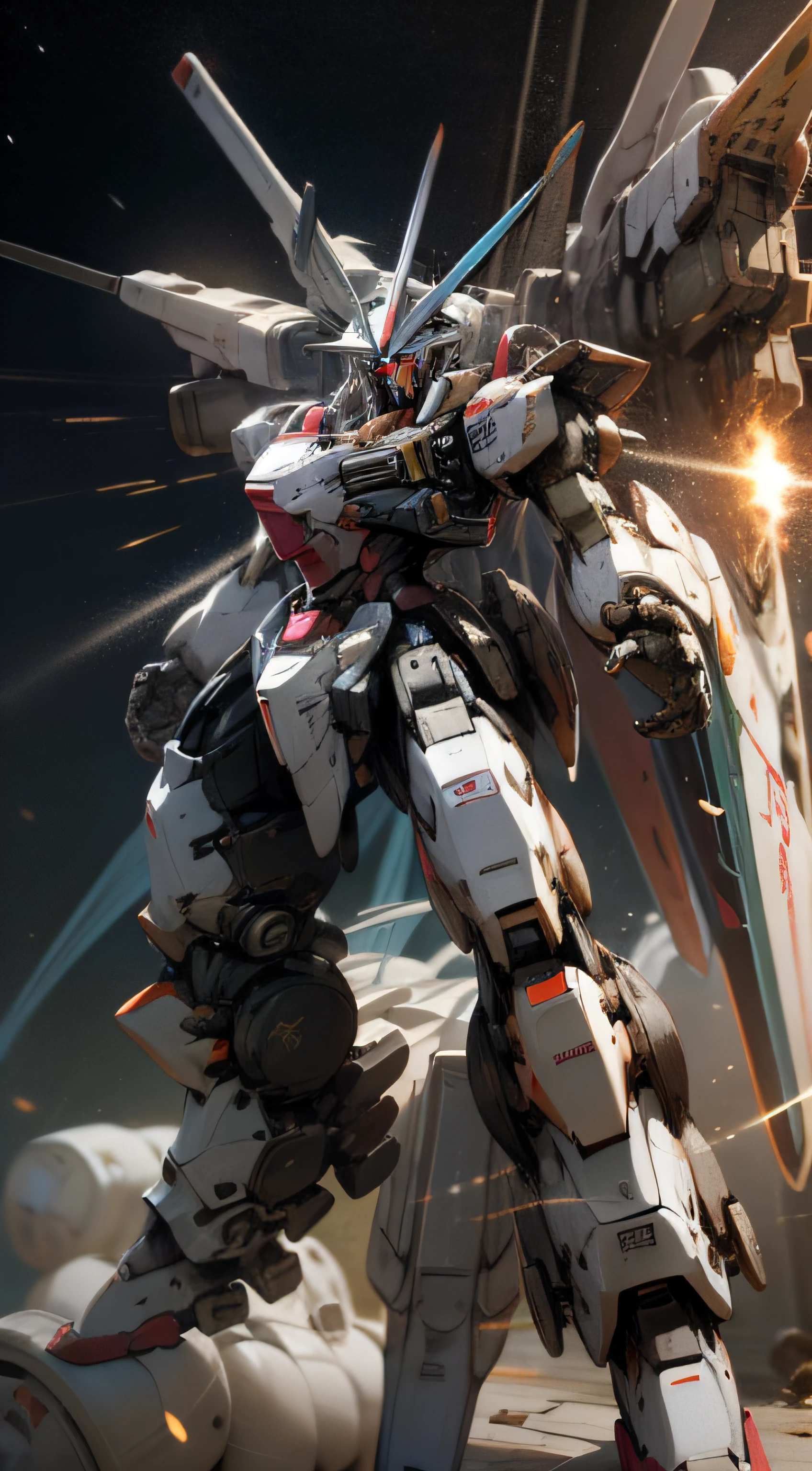 Surrealism, Ray Tracing, Photorealistic, UHD, High Detail, 32k, Best Quality, Textured Skin, Gundam Mecha, Flight, Funnel, Mecha Ship, Masterpiece, Best Quality, Mecha, Unmanned, (Full Body), (Black Mecha: 1.8), (Axisymmetric: 1.4), (HDR), (Movie Light: 1.1), White Eyes, Cool, Science Fiction, Fire, Universe, oversized shield, mecha man overlooking the background of the earth, with laser cannon beams, wars, conflicts, weapons in hand (has a huge weapon: 1.5),