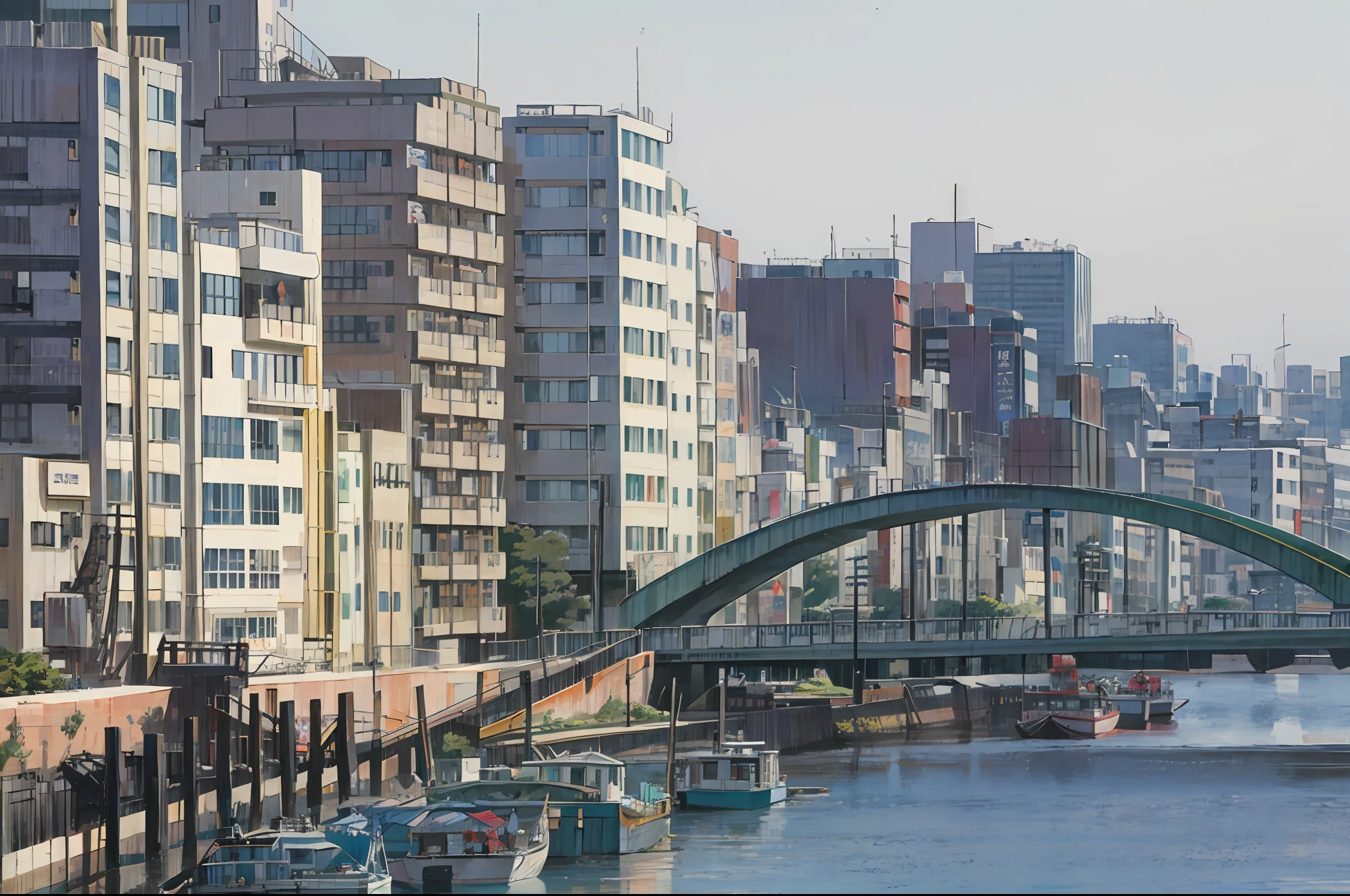 The boat is anchored on the water in front of the bridge、japanese city、tokio-esque town、Downtown Japan、tokyo prefecture、building along a river、tokio、japanese town、beautiful iwakura、Surrounding the city、Residential area、Tōko、arasaka、All buildings on the bridge、Asakusa Bridge、Realstic