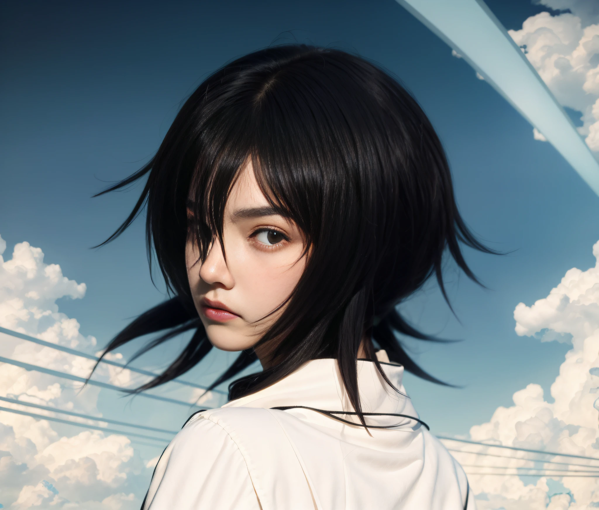 master works，）Best Picture Quality，Higher quality，High Details，Super High resolution，8k分辨率，with exquisite facial features，perfect face，Glowing skin，(light frown)，(serious)，long haired，BLACK HAIR，Blue sky background，hair covering one eye