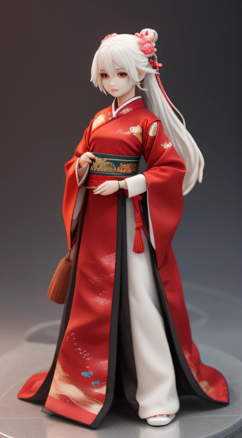 A doll with white hair and a red dress,girl in Hanfu, White Hair,Clay model,blind box toy,FULL BODY,Multiple Angles,watery big eyes,A clean background,3D,C4D,Glossy material