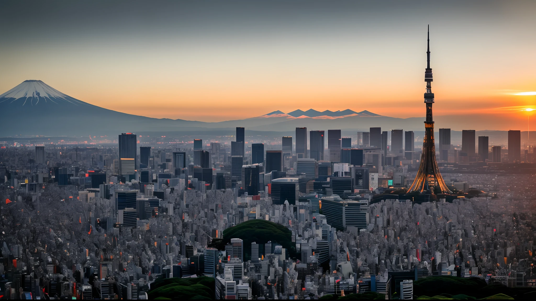 SunsetDusk、luci、Over Tokyo、Sky tree,,,,、mount fuji、Movie lighting、depth offield、bokeh、realistness、PHOTOREALISTIC、Hyper Realism、professional photos、VFG、Dslr、VFG