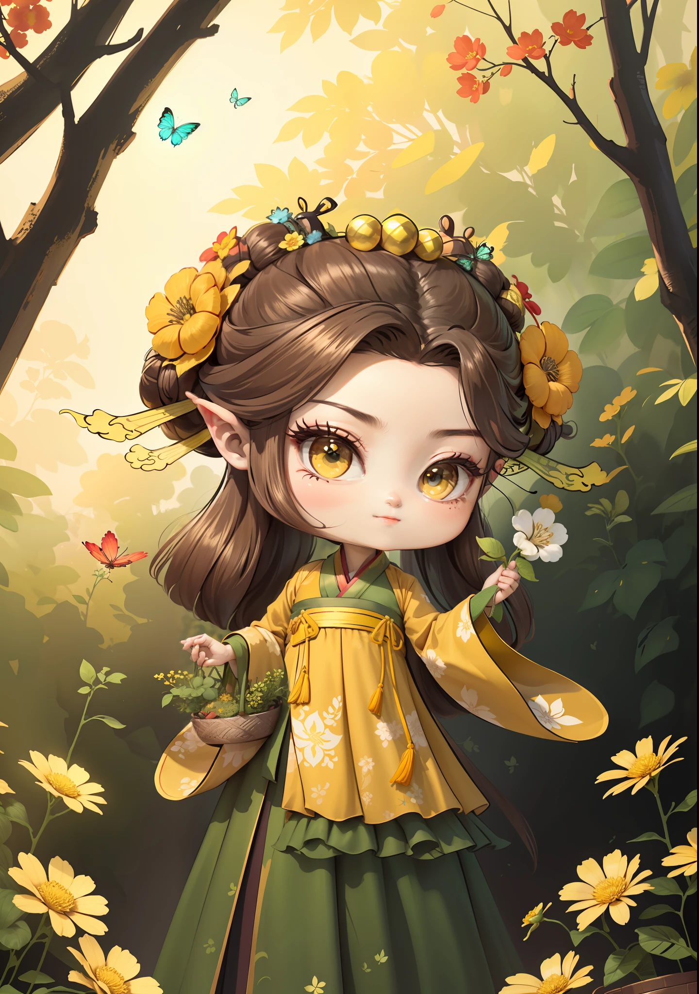 A Chinese girl in Hanfu，One hand holding a flower basket，Holding a flower in one hand，The butterfly，autumn，Dealing with the heat，dark brown  hair，Ancient Chinese hair buns，pattern，Yellow-green color scheme，On both sides of the hair are flower hair accessories，Some metallic flower headdresses，The color block is clear，Bright colors，arte de linha，unlimited details，Fine painting，Beautifully portrayed，空白背景 8k