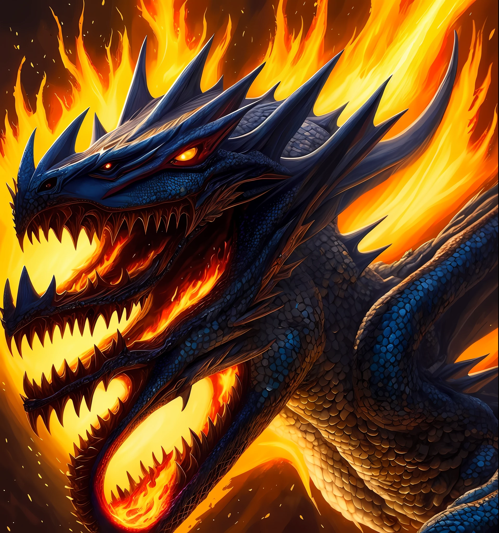 painting of a dragon with fire coming out of its mouth, dragon art, oil painting of dragon, intricate fantasy painting, symmetrical epic fantasy art, highly detailed fantasy art, by Kerembeyit, detailed fantasy digital art, detailed fantasy art, 4k detailed art, detailed digital 2d fantasy art, detailed painting 4 k, colossal dragon as background