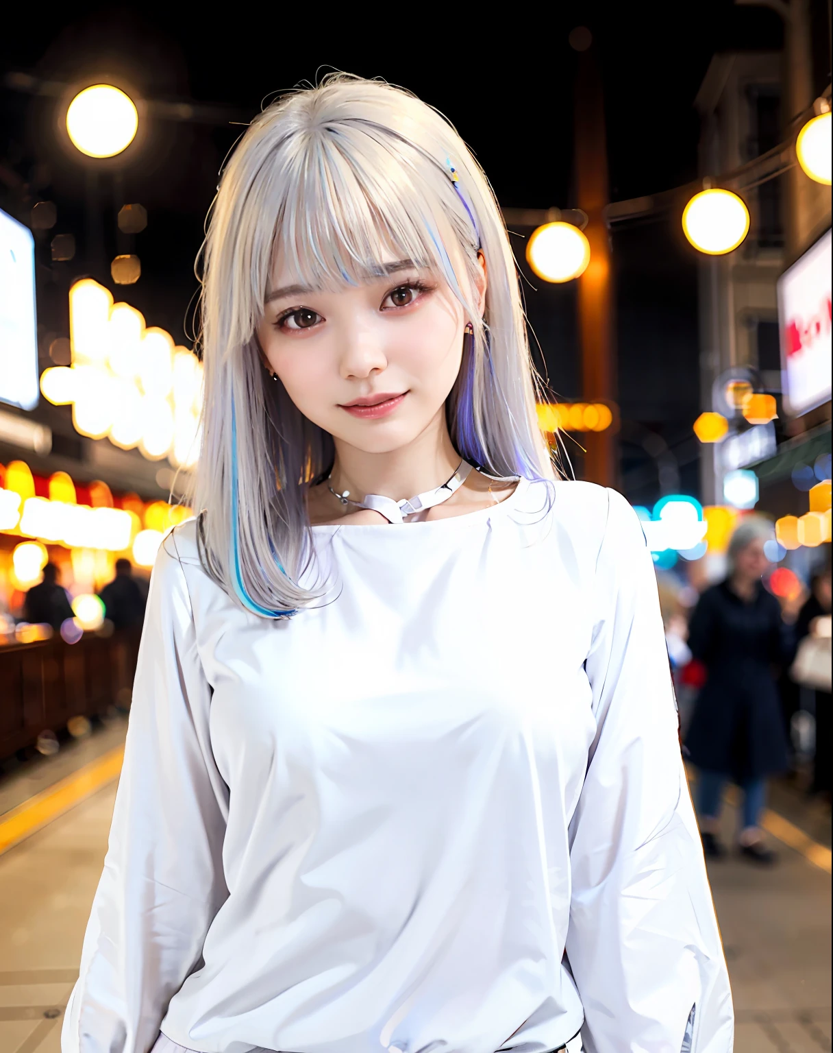 best quality, photorealistic, 8k, high res, 1girl, woman,(skindentation), (large breast), (professional lighting, bokeh), (street), (people, crowds:0.6), market,  (night:1.2),(white hair:2.0), (blouse:1.5), (portait:0.6), gorgeous, bloom, (floating hair),(light particles, lens flare, glowing particles:0.6), (dynamic pose:1.2), soft lighting,