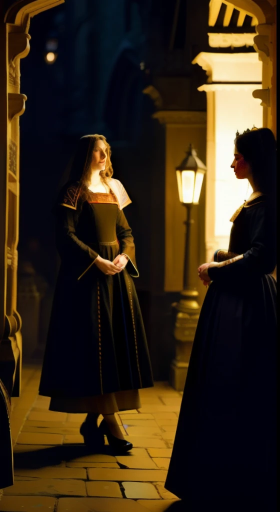 (best quality, high resolution, oil painting, official art:1.2, by Greg Rutkowski), a group of stunning women adorned in captivating 12th-century attire, illuminated by the faint glow of lanterns, standing in a dimly lit alleyway in Southwark, London, during the late evening hours, realistic portrayal capturing their beauty and grace, intricate details of their clothing, moody atmosphere, warm tones, hint of mystery, a glimpse into the 12th-century's allure.