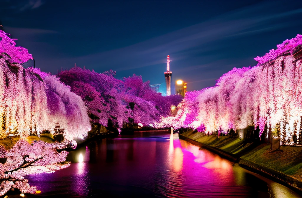 arafed view of a river with a tower in the background, sakura season dynamic lighting, japan at night, Cherry blossom tree, photo taken with sony a7r, SAKURA, sakura tree in background, sakura season, by Tadashi Nakayama, in tokyo at night, taken with sony a7r camera,  lights with bloom, by Kiyohara Tama