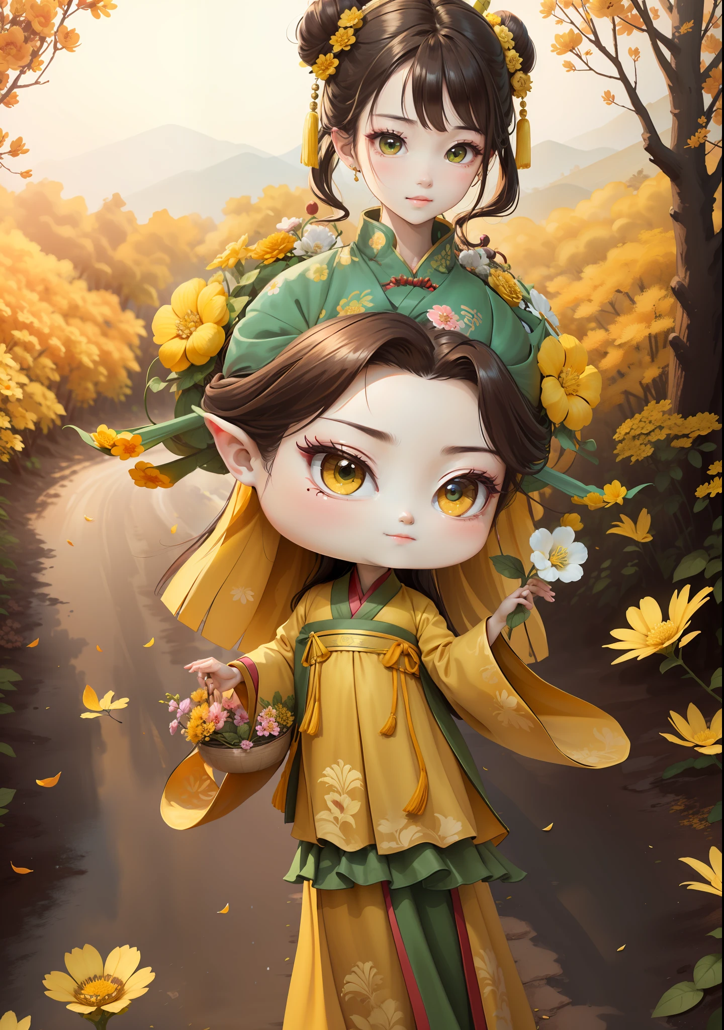 A Chinese girl in Hanfu，One hand holding a flower basket，Holding a flower in one hand，autumn，Dealing with the heat，dark brown  hair，Ancient Chinese hair buns，pattern，Yellow-green color scheme，On both sides of the hair are flower hair accessories，Some metallic flower headdresses，The color block is clear，Bright colors，arte de linha，unlimited details，Fine painting，Beautifully portrayed，空白背景 8k