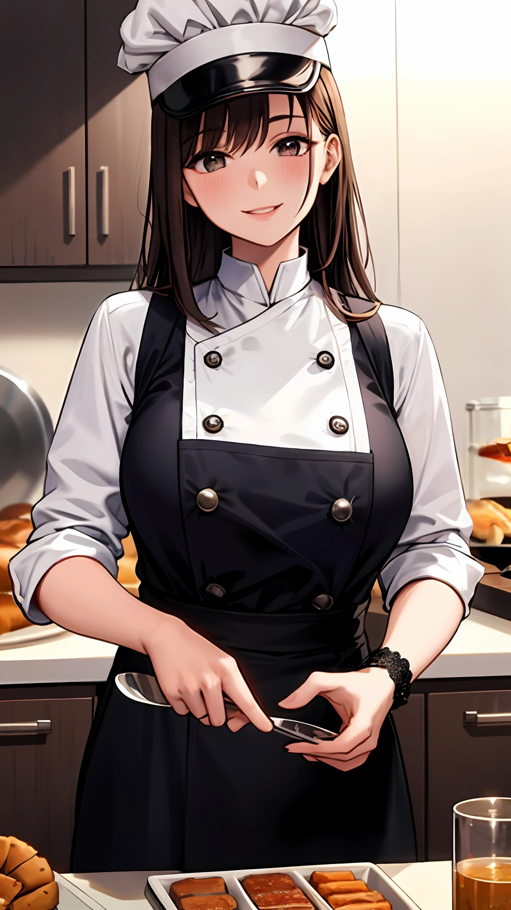 (masterpiece, best quality, detailed background, intricate details), fancy kitchen, 1girl, chef, cooking, brown hair, chef hat, chef uniform, smiling