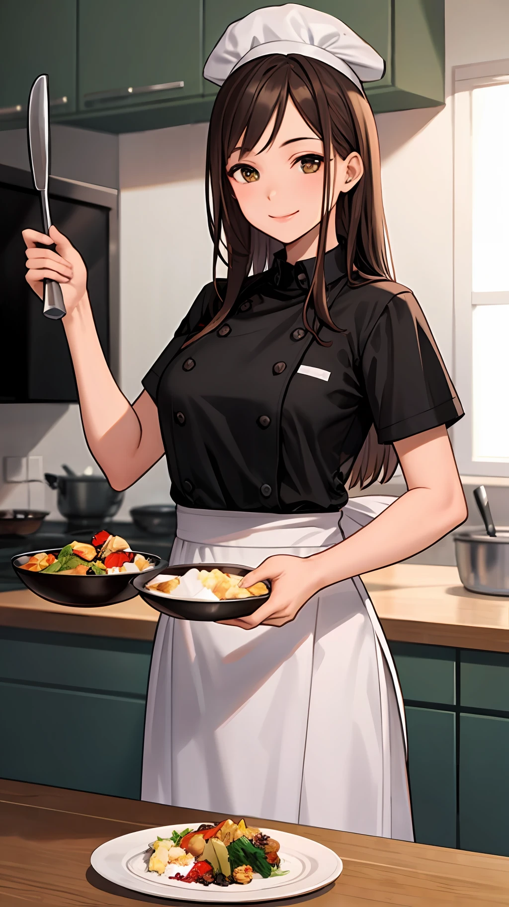 (masterpiece, best quality, detailed background, intricate details), fancy kitchen, 1girl, chef, cooking, brown hair, chef hat, chef uniform, smiling