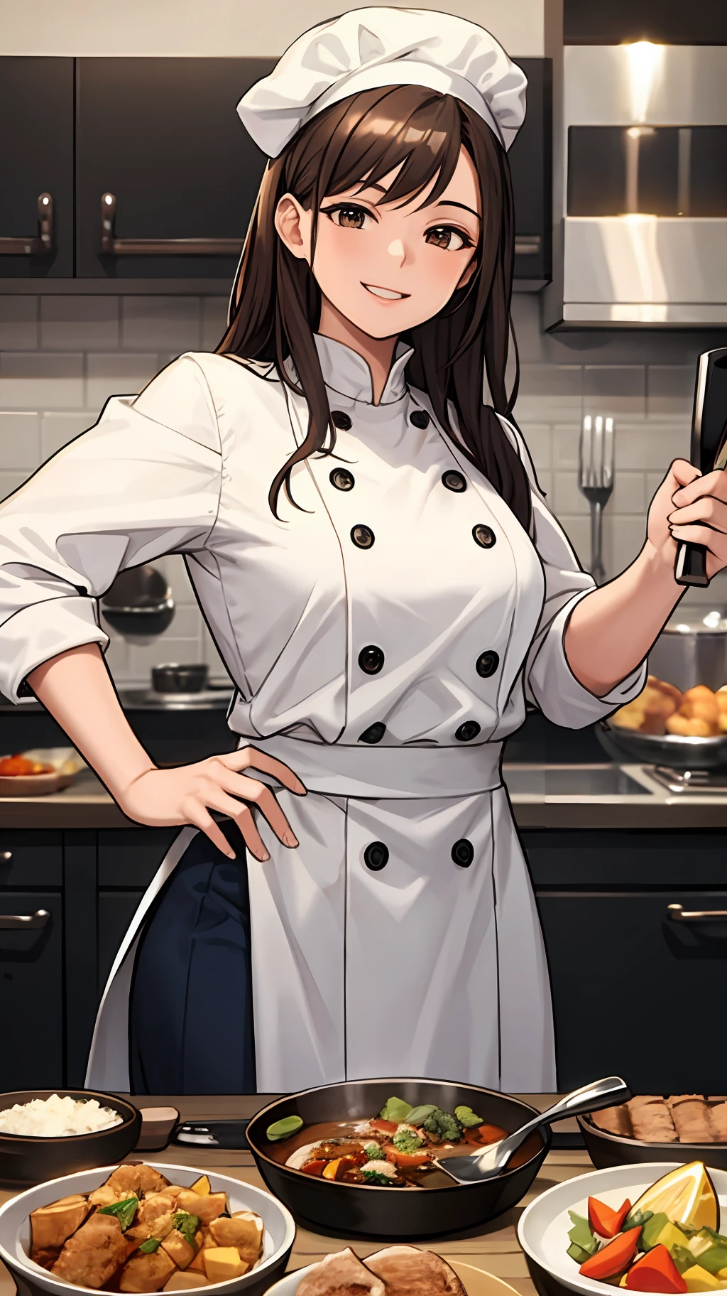 (masterpiece, best quality, detailed background, intricate details), fancy kitchen, 1girl, chef, cooking, brown hair, chef hat, chef uniform, smiling