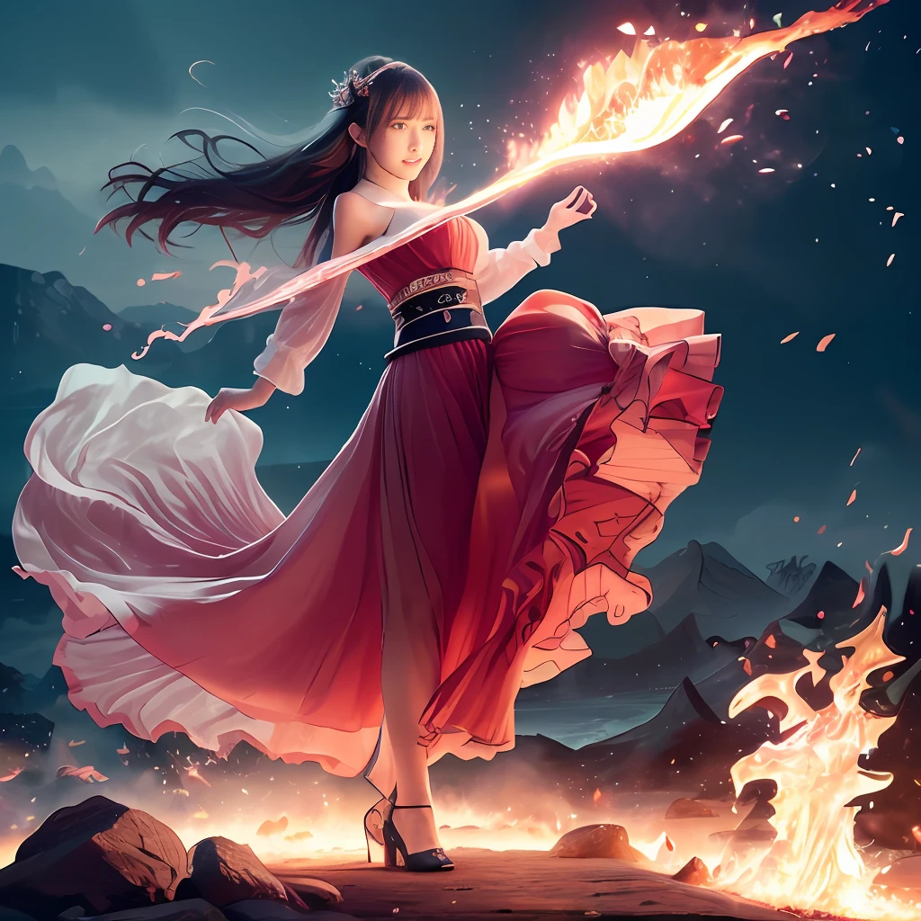 (master masterpiece, The Highest Quality, highestres, Official Art, Beautiful and aesthetically pleasing, long exposure time: 1.2), Smooth movement, Attractive patterns, 1人の女の子, (Long skirt with sleeves:1.3), red dress, , Strapless, , Black leaf hair, portrait painting, solo、、、、、、、、、、、、、、、、、, , Staring at the observer, Detailed background, detailed Face, (Crystallized AI, Crystal Theme:1.1), Elemental Firesprite, Spinning Fire, Control Fire、Ruby clothing、Dynamic poses、floating particles、Ether dynamics、firey、steam,,,,,,,,,,,,,,,,,,、Lava in the background、Red tones、volcano、Invincible smile、ethereal atmosphere、(huge breasted:1.2),、,(Beautiful Faces:1.5)