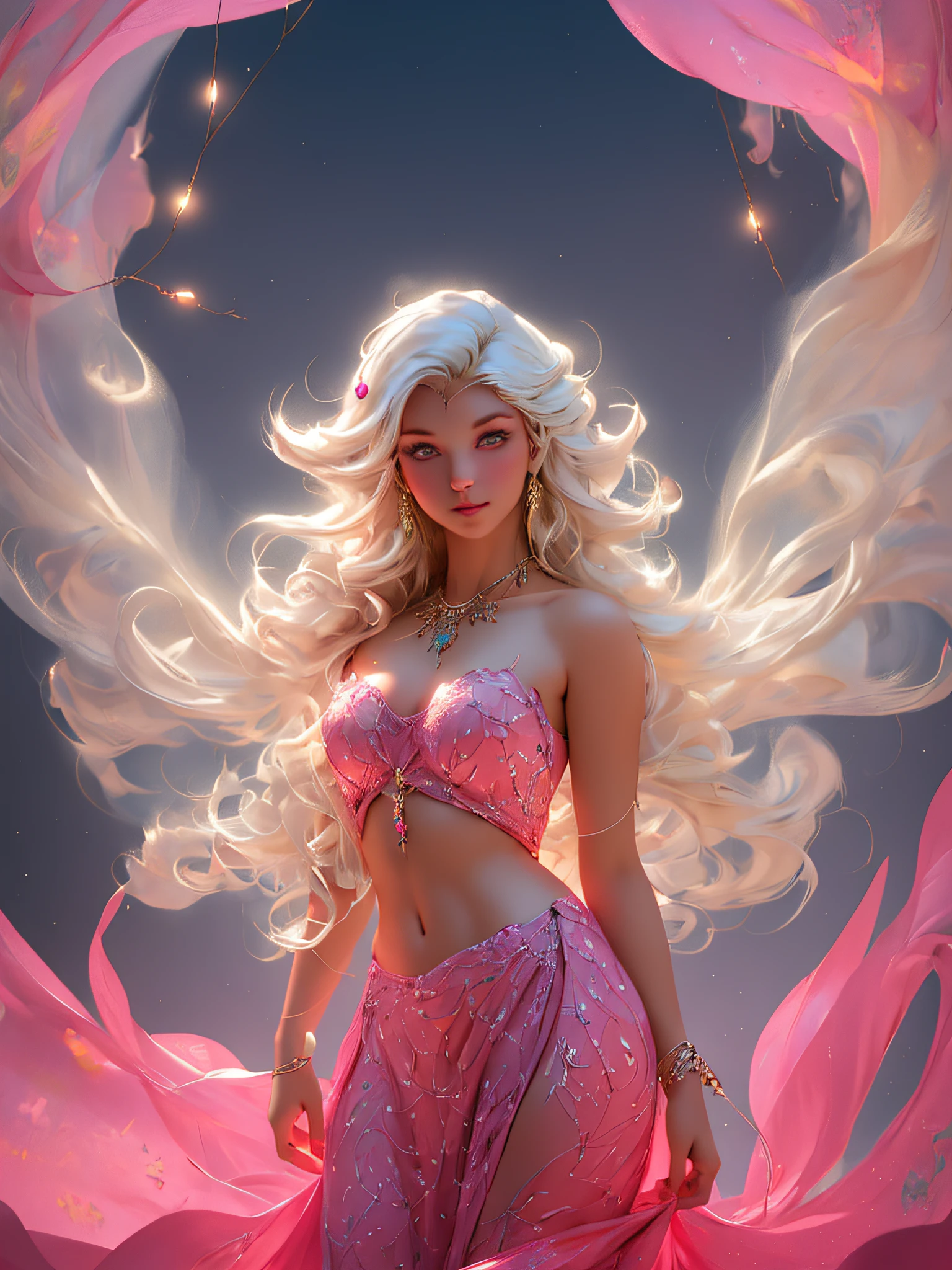 blond woman with white hair and glowing lights in a pink dress, beautiful digital artwork, fantasy gorgeous lighting, gorgeous digital art, stunning digital illustration, digital fantasy art ), 3 d render character art 8 k, a stunning young ethereal figure, 4k highly detailed digital art, ethereal fantasy, very beautiful digital art, beautiful digital art, fantasy digital art, digital fantasy art