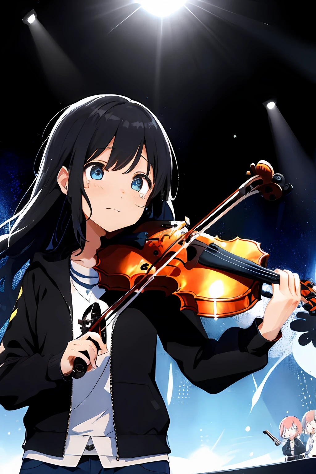 (1girl)(solo)(masterpiece),
indoors,stage,dark background,live,
ray tracing,lens flare,glowing,atmospheric perspective
(black violin:1.4)(playing violin:1.4),microphone,
upper body,from below,dynamic pose
hitori bocchi, blonde hair,(long hair:1.4), blue and yellow hair ornament, blue eyes,(black sportswear), black jacket,black pants,closed jackets
parted lips, cry, heavy breathing, tears,focused